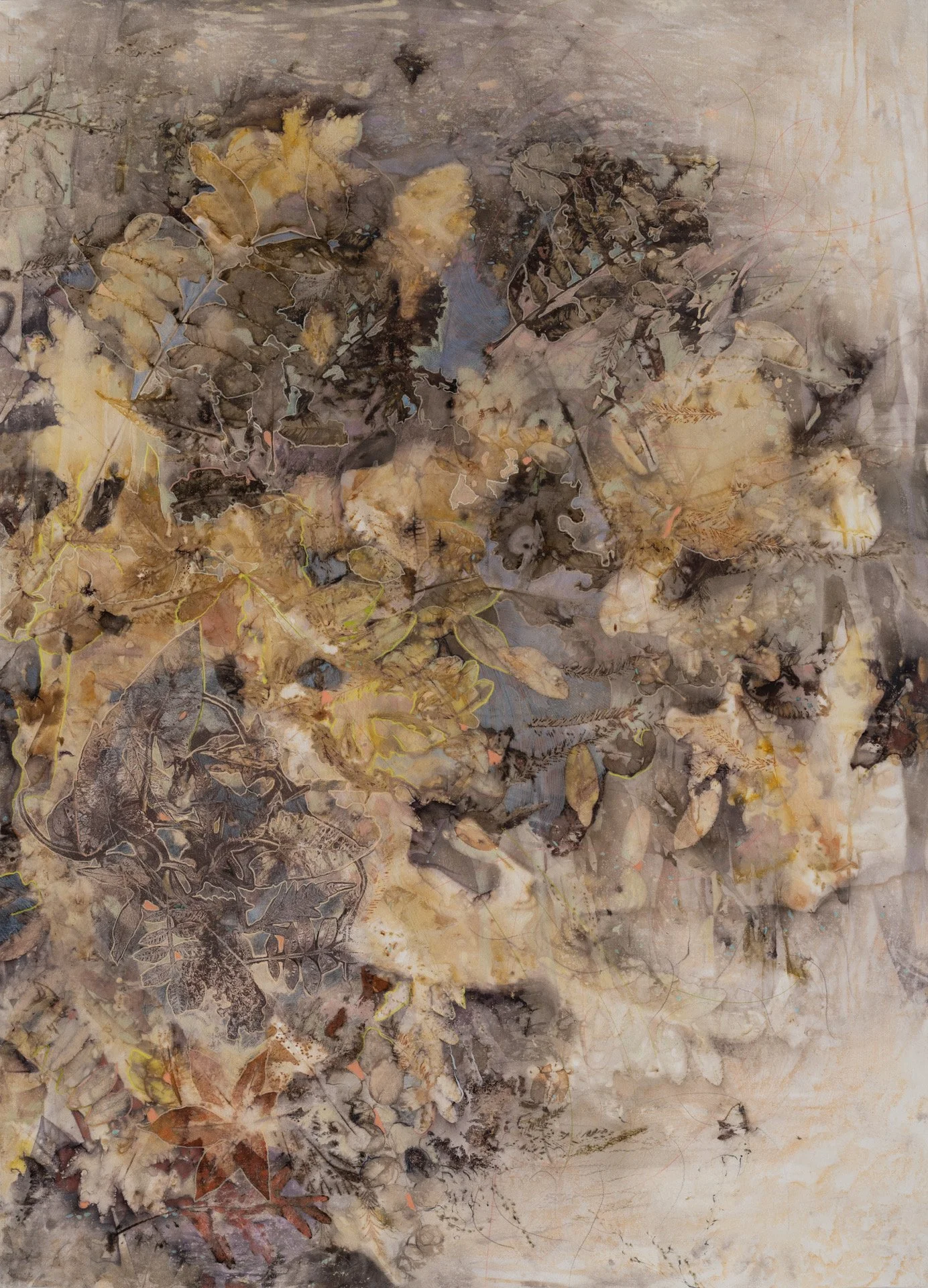  Abundance of Cosmos 2   2025, Eco print with sumac, black gum, black locust, maple, sumac dye, mono-print collage, ink, markers, color pencils, graphite on Hahnemuhle paper   105.5 76 cm, 41.5 x 30 in 