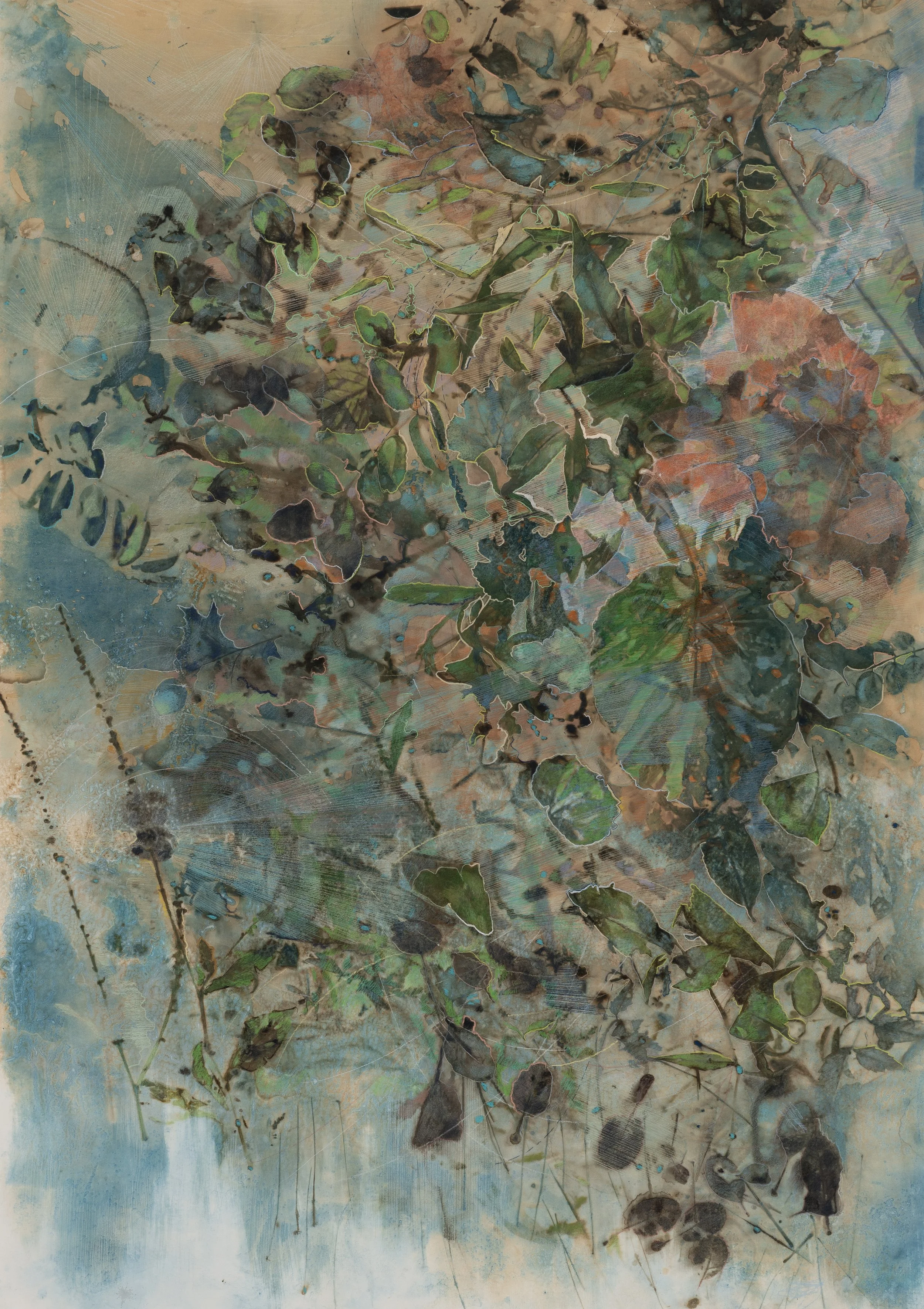  Leaf-by-leaf Alchemy 2  2025, Cyanotype (Assateague Island), Eco print with , Umbrella tree, Star magnolia, Smoketree, Sweetgum, Red maple, markers, color pencils, graphite on Hahnemuhle Bamboo  122.5 × 86.5 cm, 48.25 x 34 in  Private Collection 