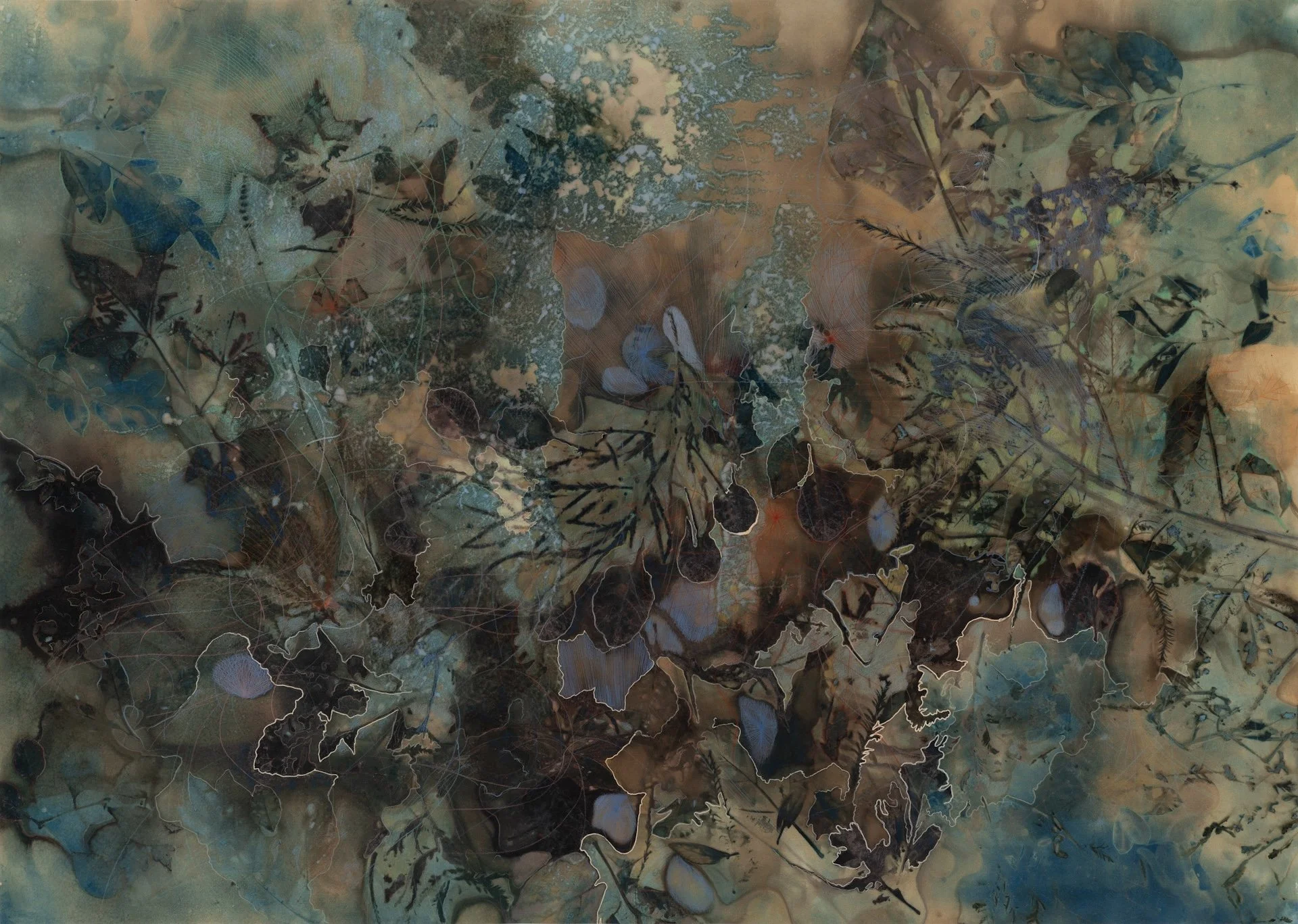  Abundance of Cosmos 1,   2025, Cyanotype (Lake Michigan), Echo print with Smoketree, Bald cypress, Maple, Catalpa, monoprint collage, ink, markers, color pencils, graphite on Arches En-Tout-Cas,   94 × 132 cm, 37 x 52 in  Private Collection 