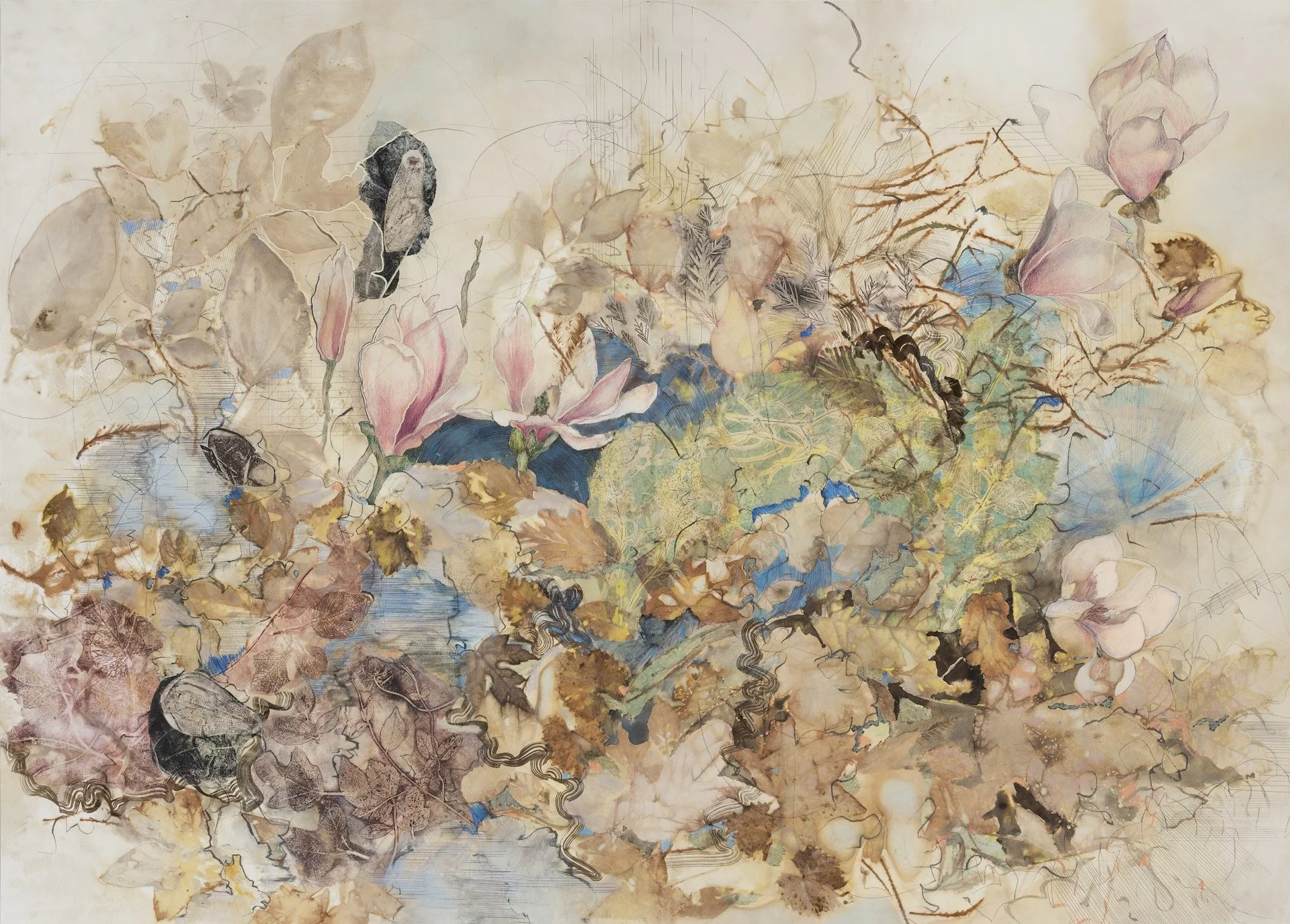  Leaves and Blossoms Along the Way 3  2025, Eco-print with Bald cypress, Witch hazel, Sweetgum, Maple, monoprint collage, ink, markers, color pencils, graphite on Arches En-Tout-Cas  131 × 94 cm, 51.5 x 37 
