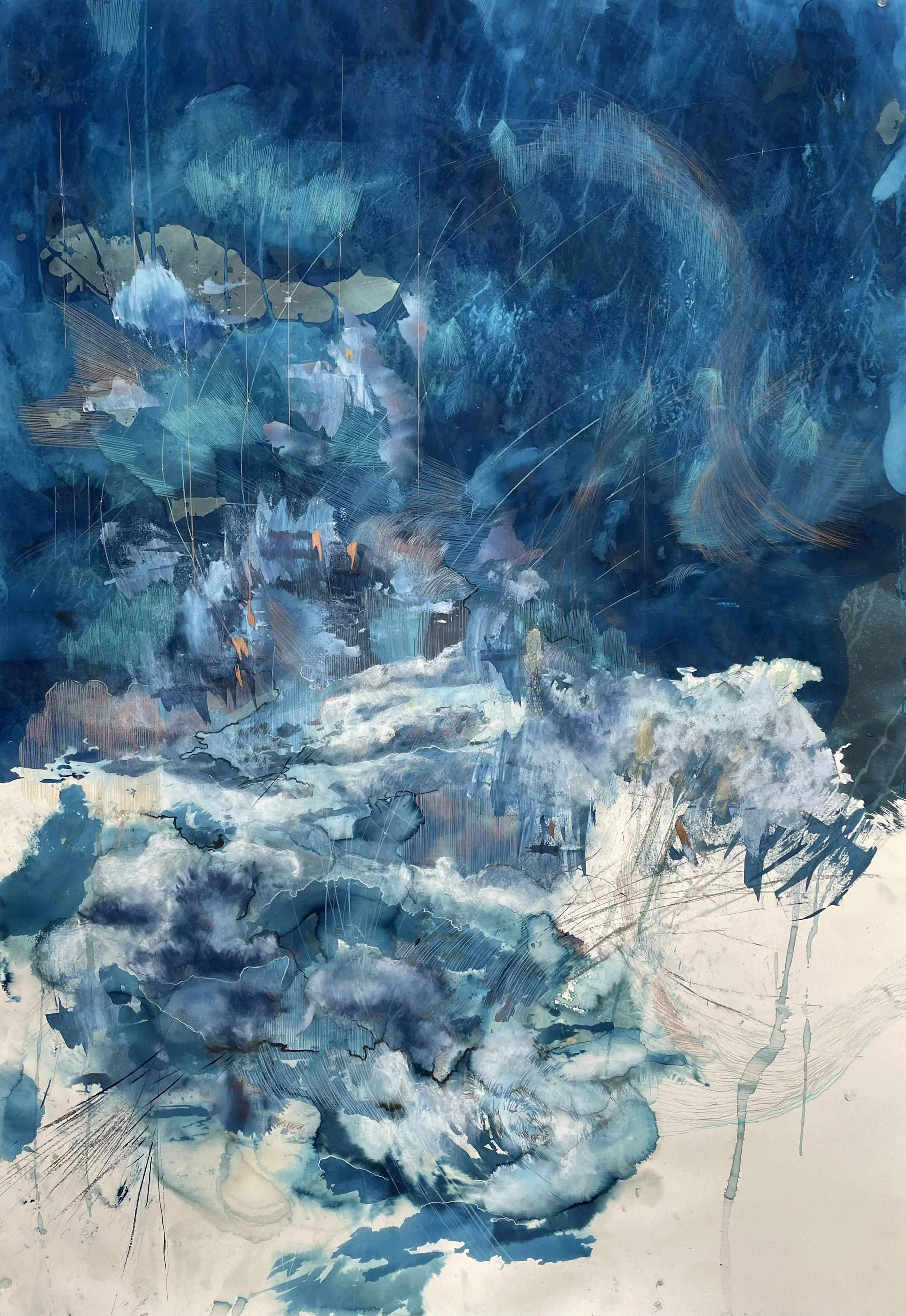  Touching Waves 1  2022, Cyanotype and mixed media on paper  131 × 90 cm, 51.75 × 35.5 in  Collection of The Norwegian Cruise Line   