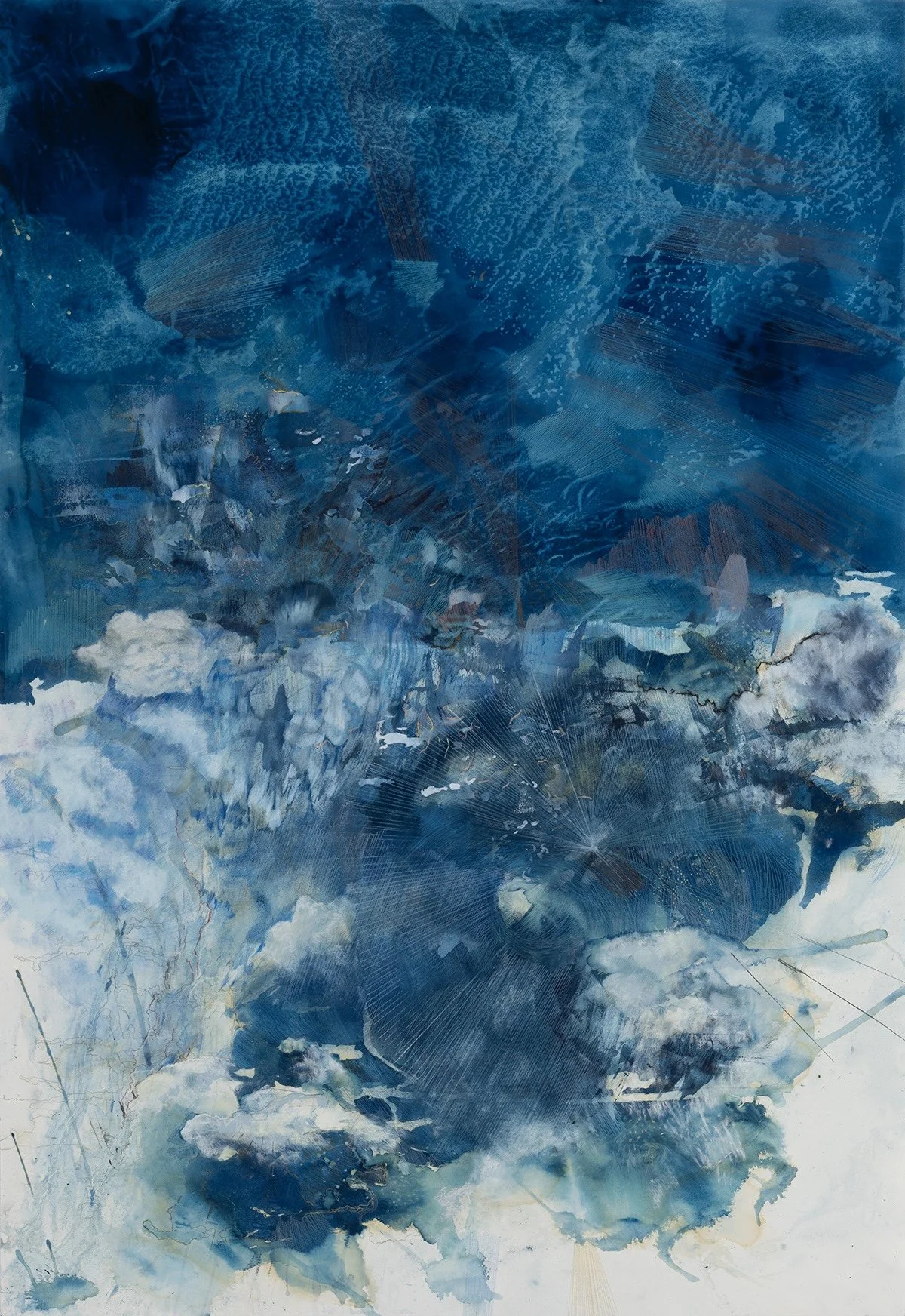  Touching Waves 2  2022, Cyanotype and mixed media on paper  131 × 90 cm, 51.75 × 35.5 in  Collection of The Norwegian Cruise Line   