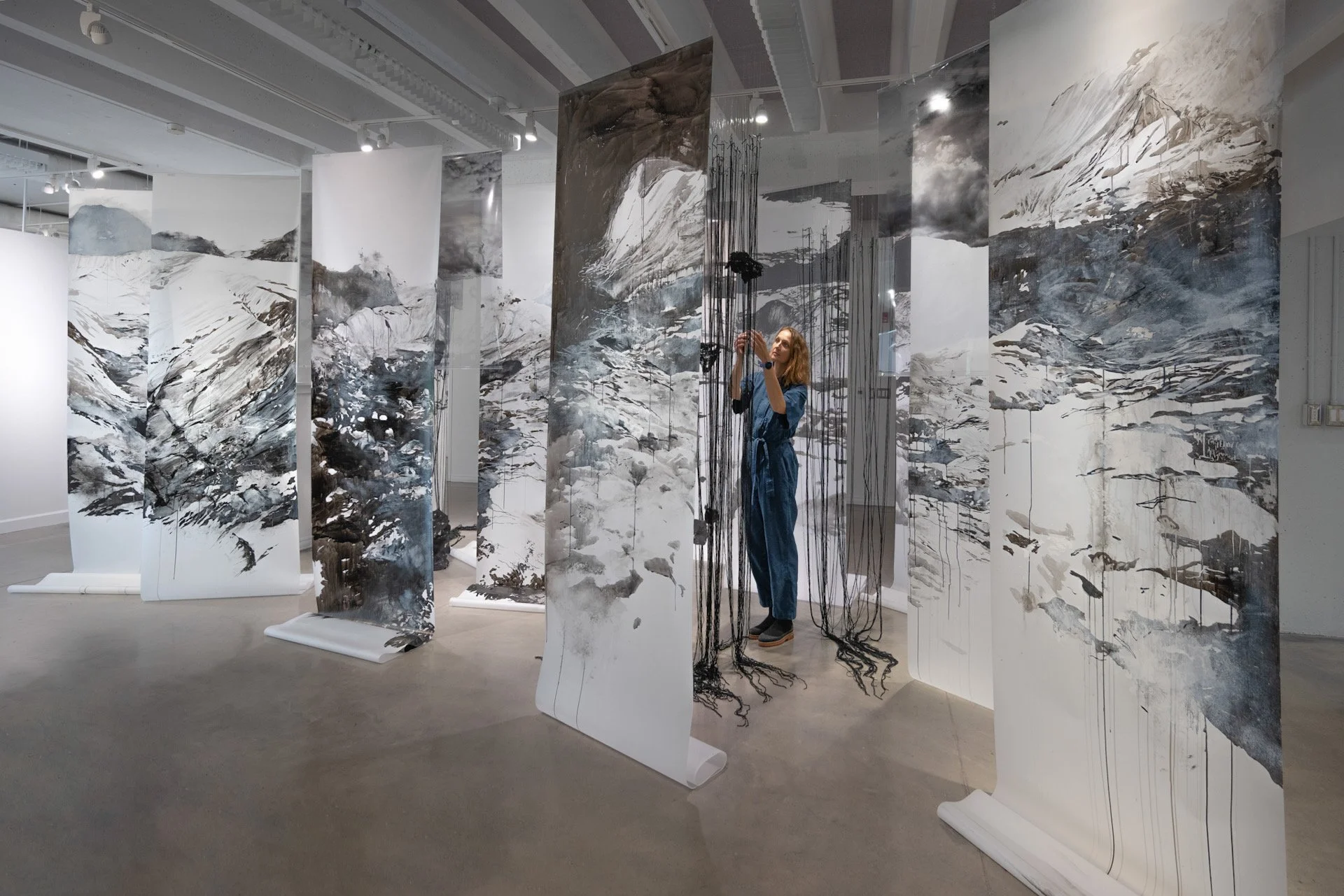  Water Memory  2020, Yarn, felt, ink, acrylic, photos on Mylar, graphite on mylar  