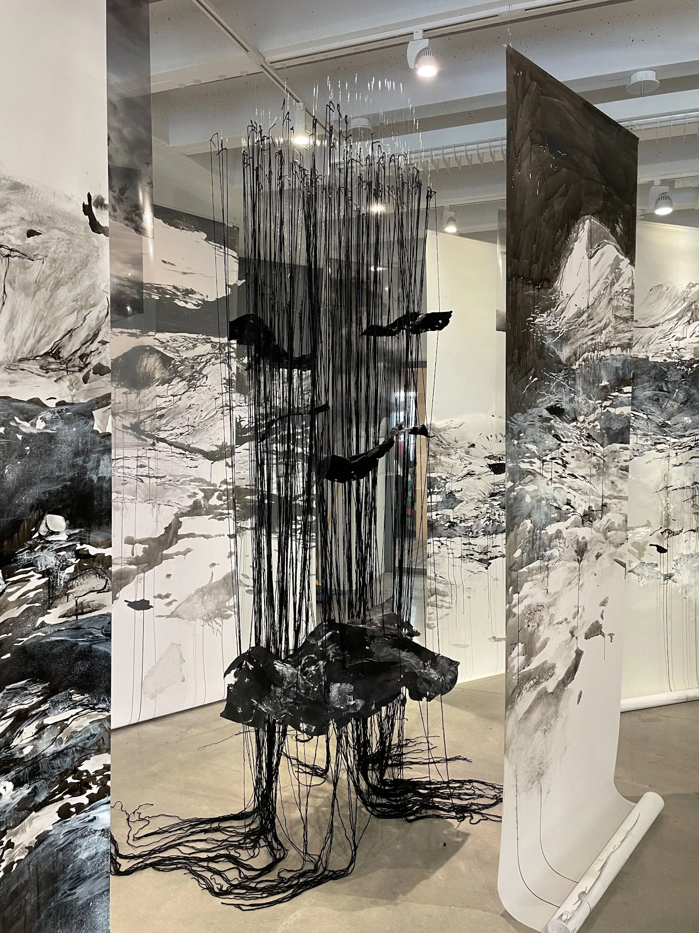  Water Memory  2020, Yarn, felt, ink, acrylic, photos on Mylar, graphite on mylar  