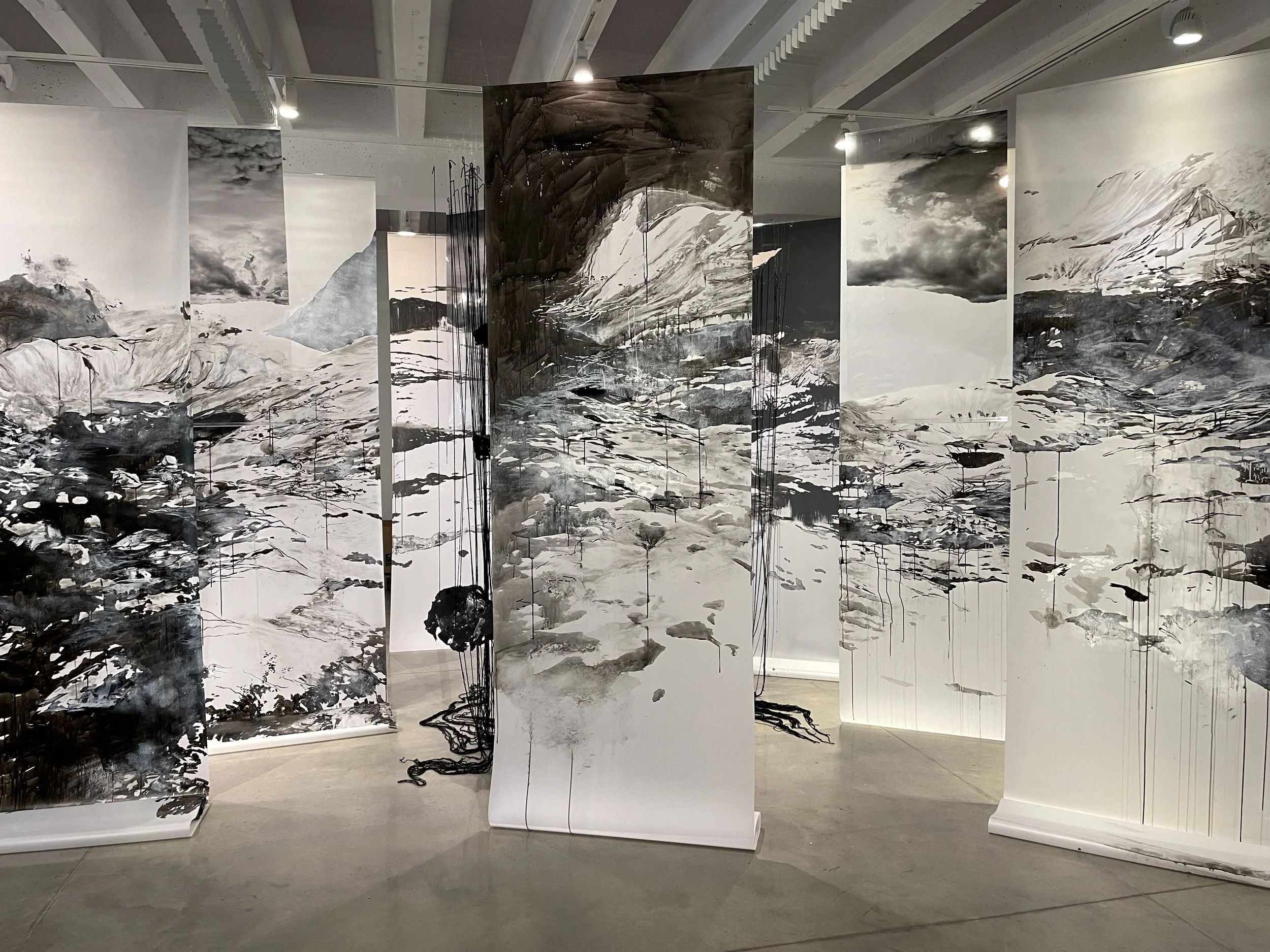  Water Memory  2020, Yarn, felt, ink, acrylic, photos on Mylar, graphite on mylar  