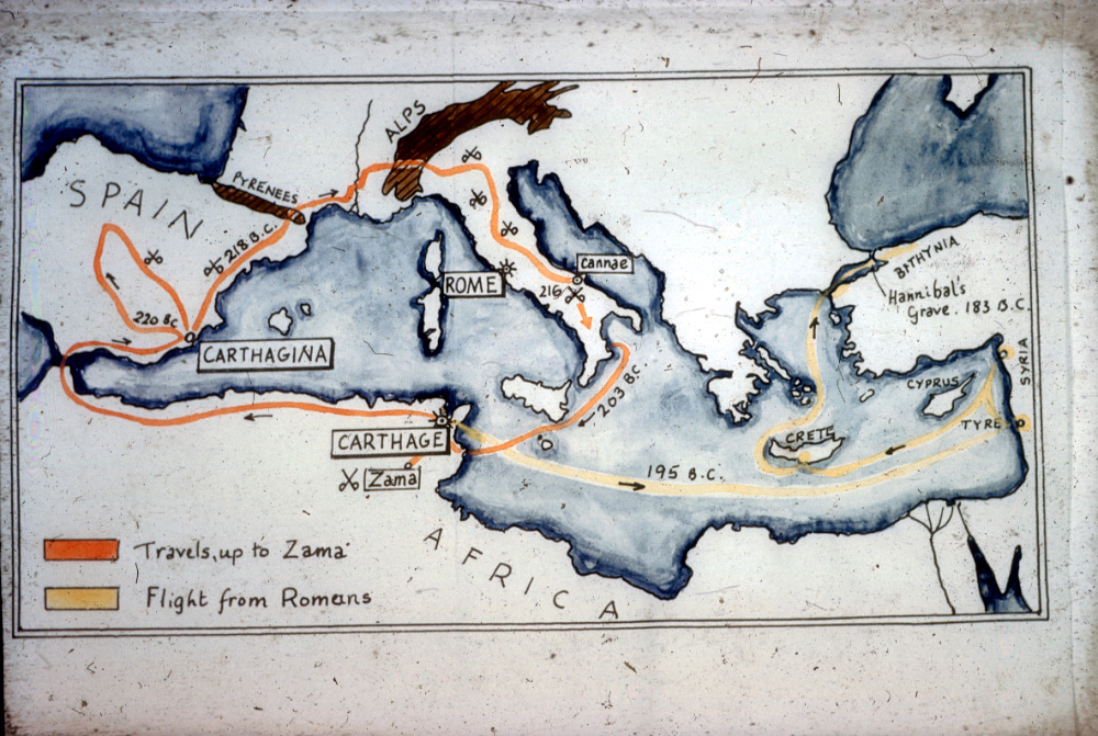 Hannibal's journey from Carthage to Spain and then to Italy.