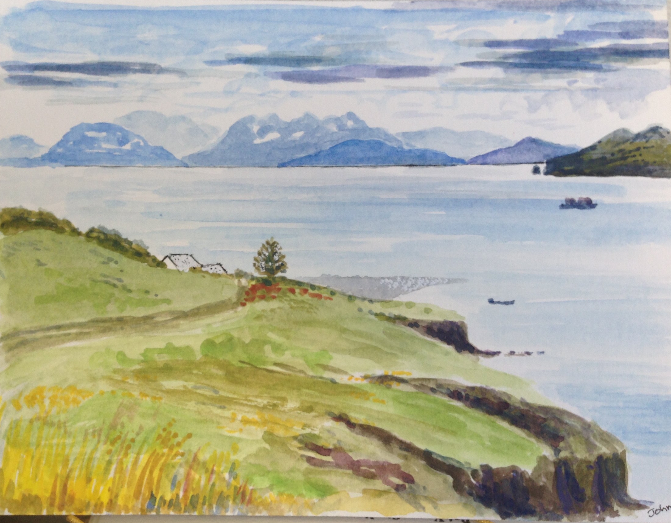 Kodiak Island from Harvester Island. If you enlarge the picture you might see the seagulls on the spit.