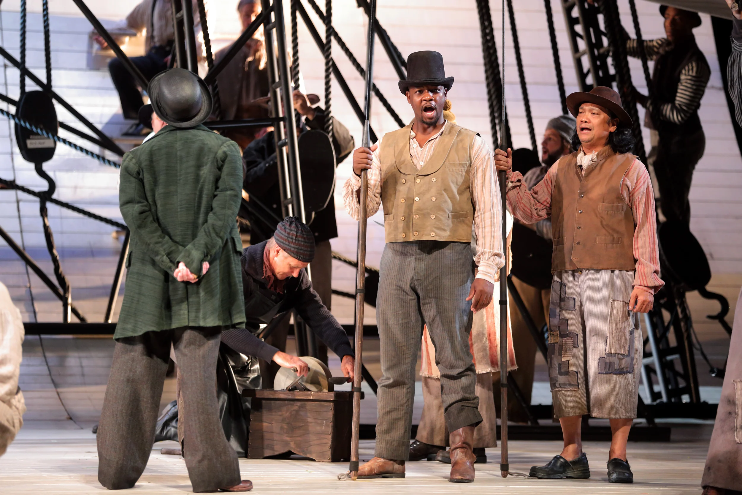 Babatunde Akinboboye as Daggoo in Moby-Dick, singing on deck among the crew