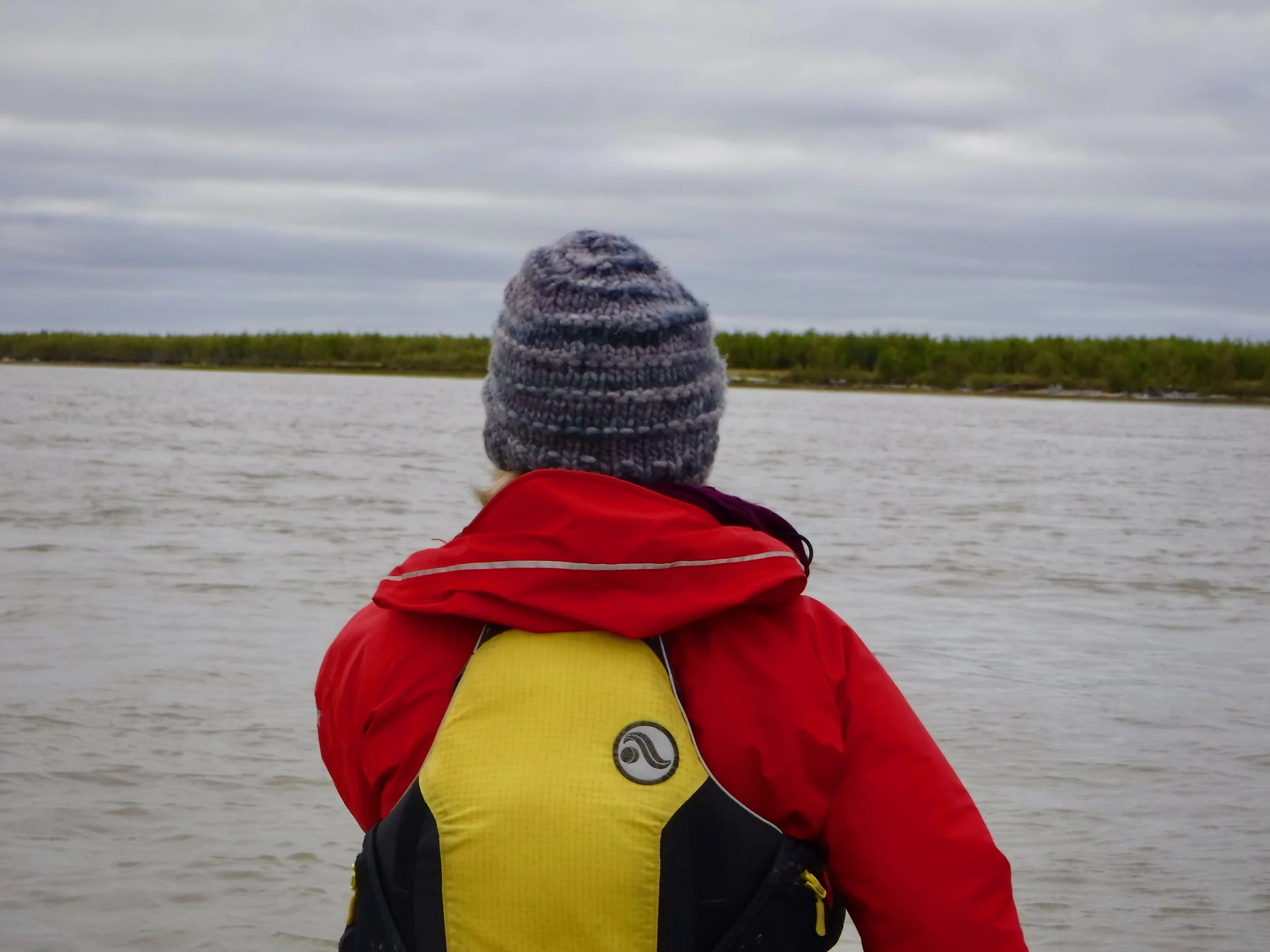 Hat made by our son Jeff. The slough or channel feels like a whole different world than what we have paddled recently. It seems strange to easily see both sides. Before we were in the channel the river was often 3 to 4 miles wide. Now early in the day it can be measured by yards.. A cow moose is spooked as we start out and then just a little later we are being observed by a young bull moose.