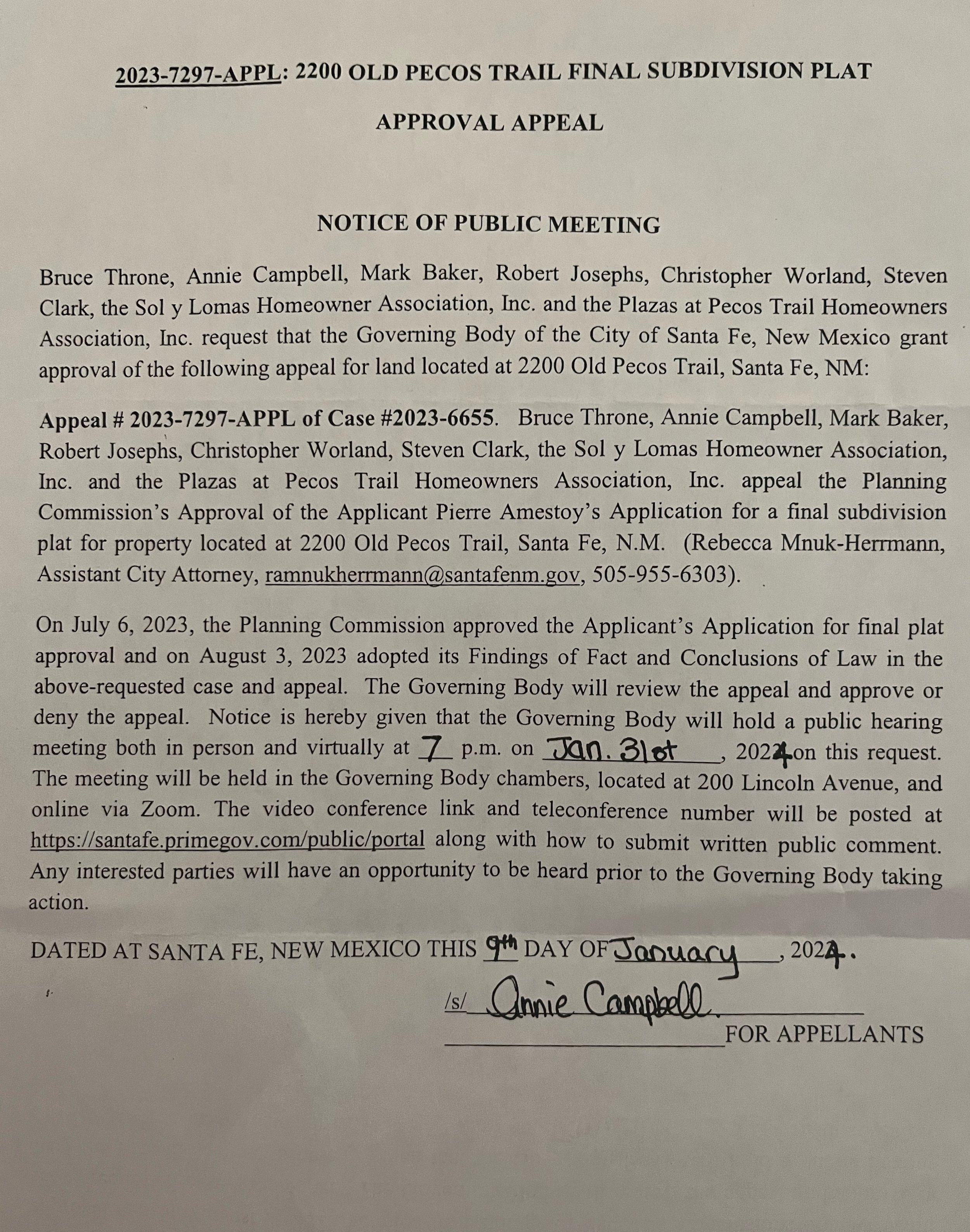 Public Meeting Regarding Appeal of Approval For Subdivision at 2200 Old Pecos Trail