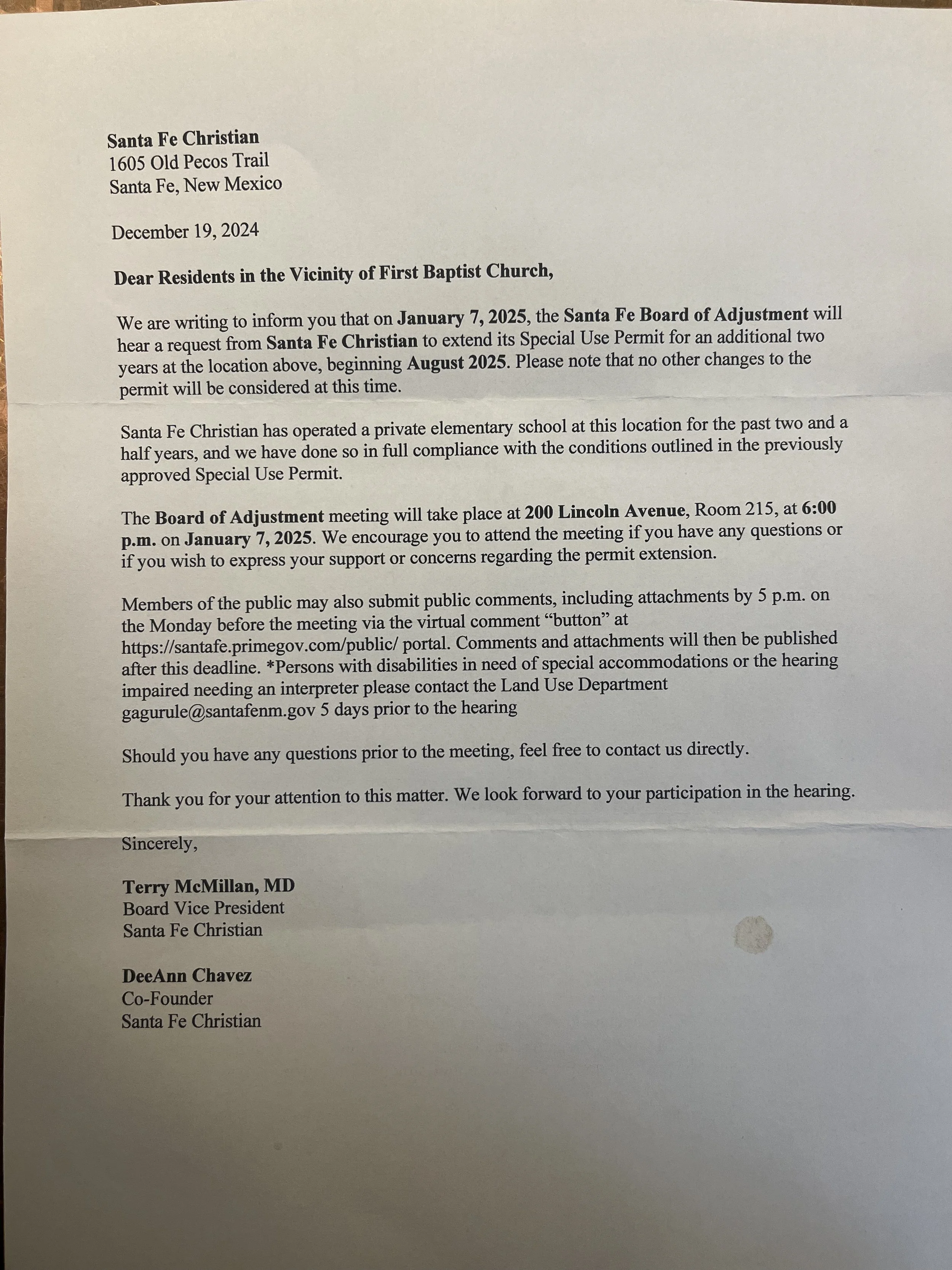 Santa Fe Christian Elementary School Permit Extension