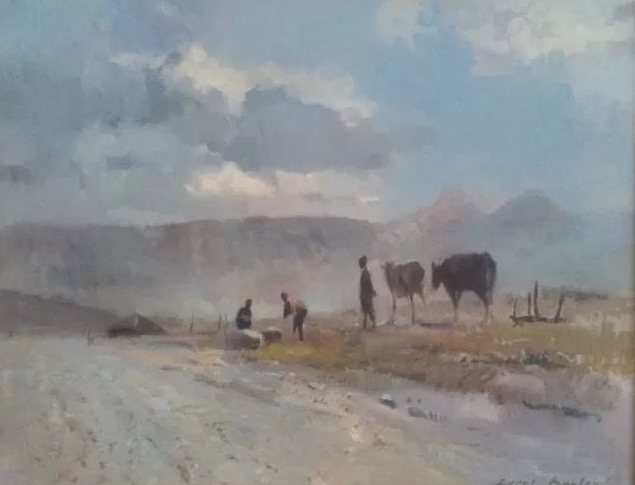 "South African Village with Cattle" oil on Masonite signed Errol Boyley