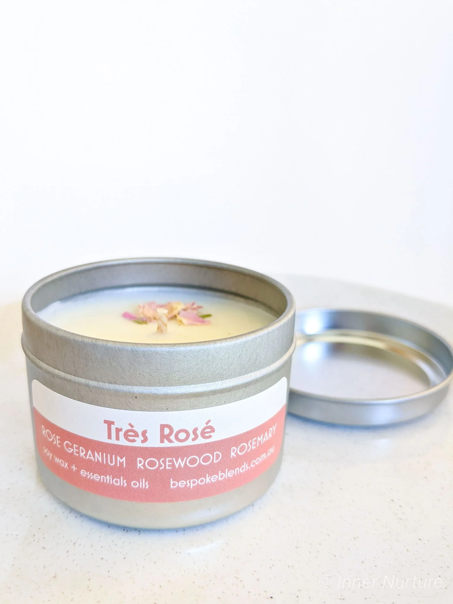 Soy Essential Oil Candle - Tres Rose | Small Tin - Online Crystal Shop Australia - Inner Nurture 