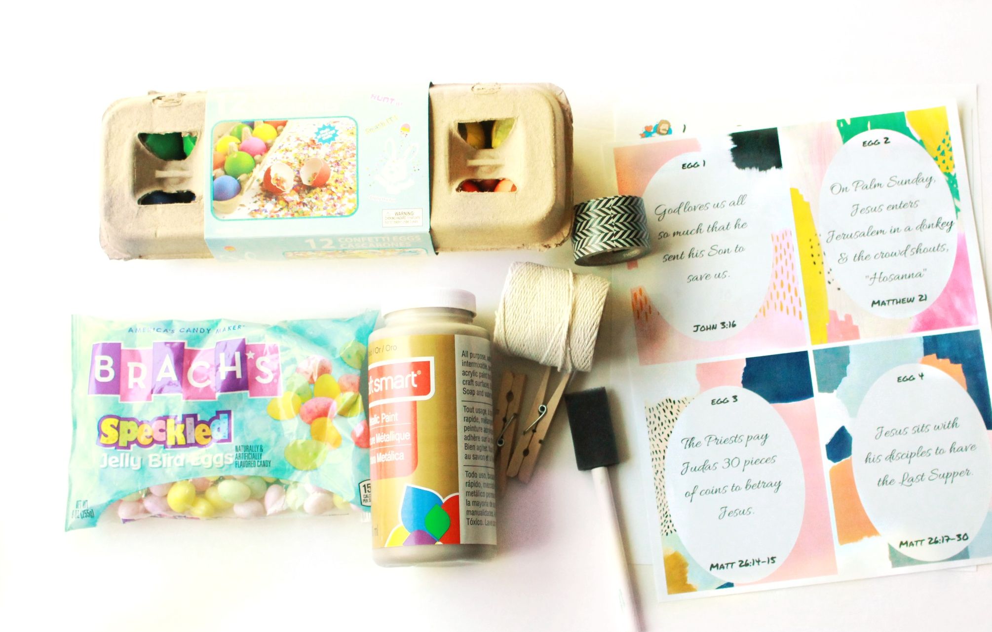 Supplies: 1) colored confetti eggs ( mine are store bought from Safeway) 2) jelly beans (any piece of candy will do) 3) paint and brush 4) string 5) clothing pins 8) washi tape ( clear tape will work too) 9) white cardstock paper 10) print the PDF files