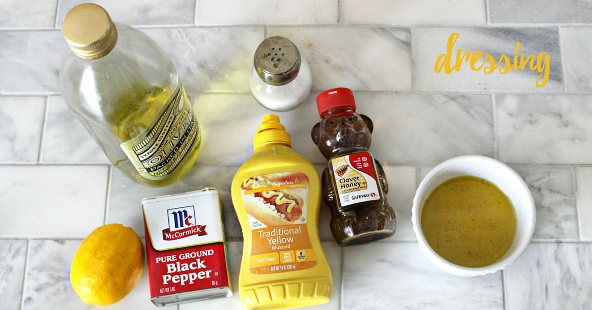 In a small bowl whisk together mustard, honey, lemon, salt, pepper and EVOO