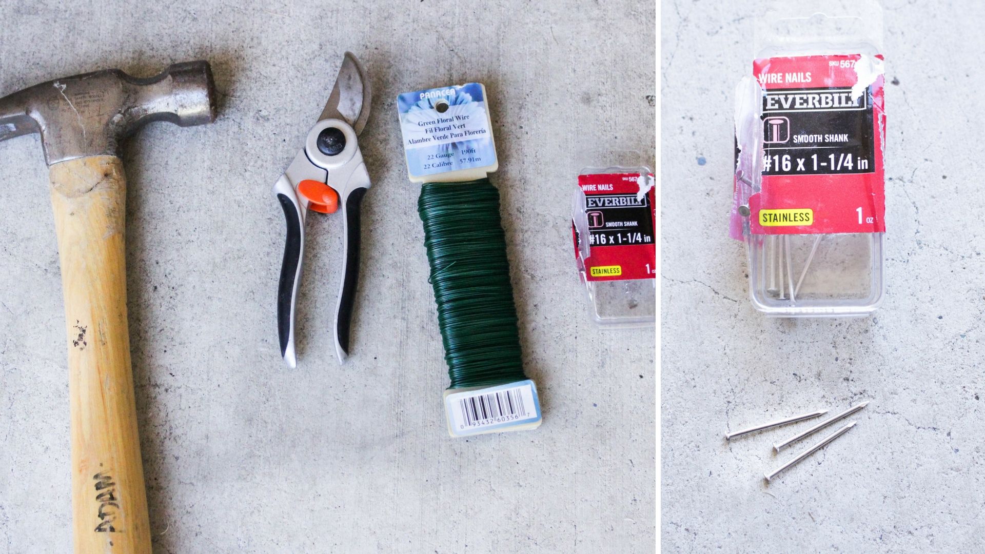hammer, wire cutter, floral wire, nails