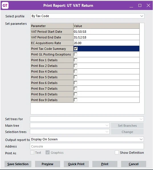 Enter the required period Start and End dates, choose to show summary totals only or print details of each transaction making up any of the box totals…