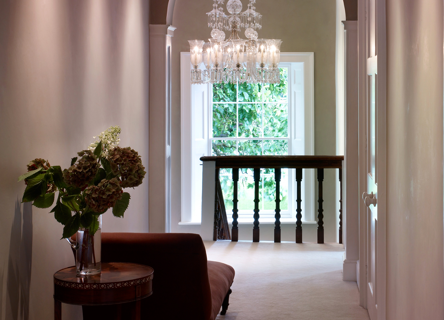 Jill Scholes Interior Design, Oxfordshire Country House, hall with chez-lounge and chandelier 