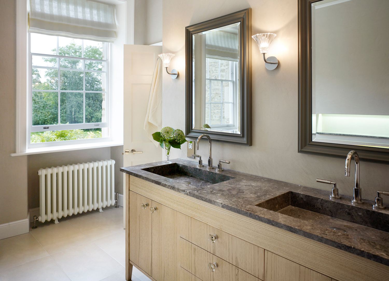 Jill Scholes Interior Design, Oxfordshire Country House, master bathroom double basin with bespoke cabinetry