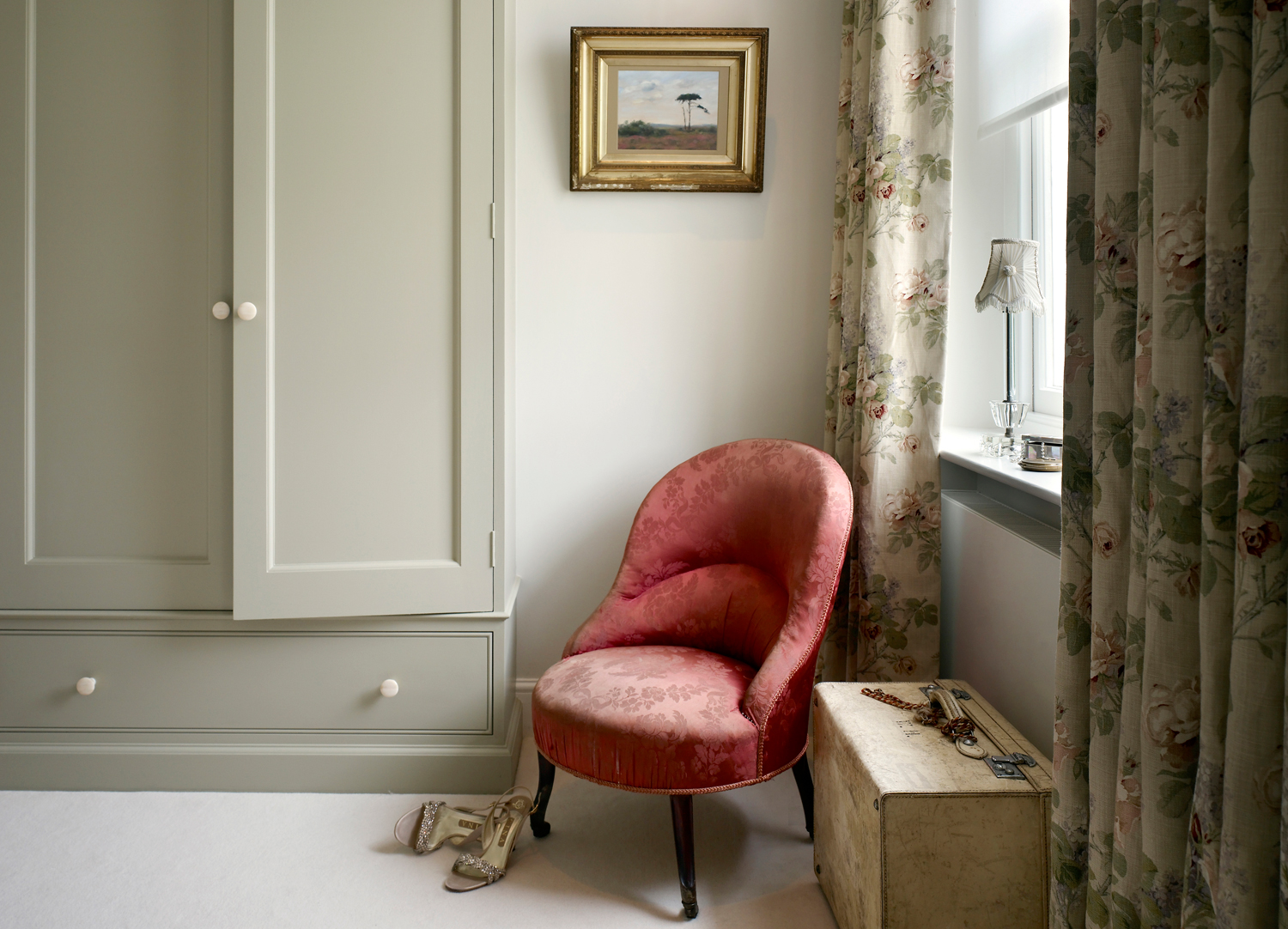 Jill Scholes Interior Design, Oxfordshire Country House, corner detail of traditional bedroom with day-chair and custom wardrobe