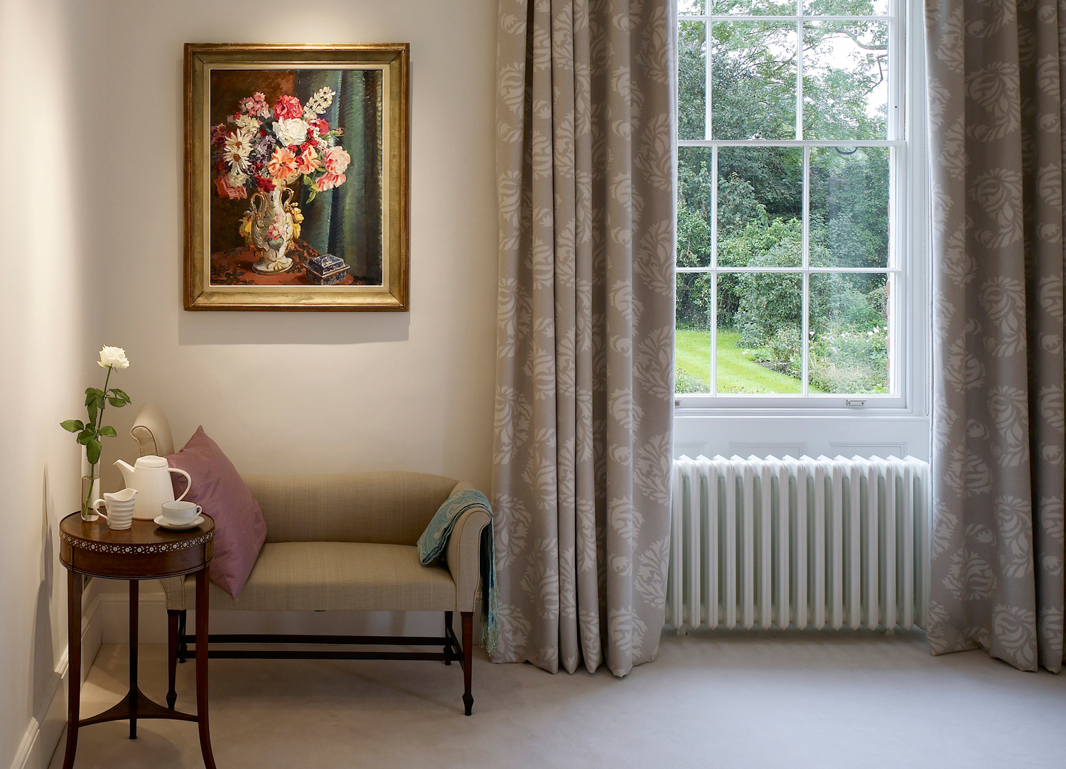 Jill Scholes Interior Design, Oxfordshire Country House, corner detail of traditional bedroom with fabric curtains