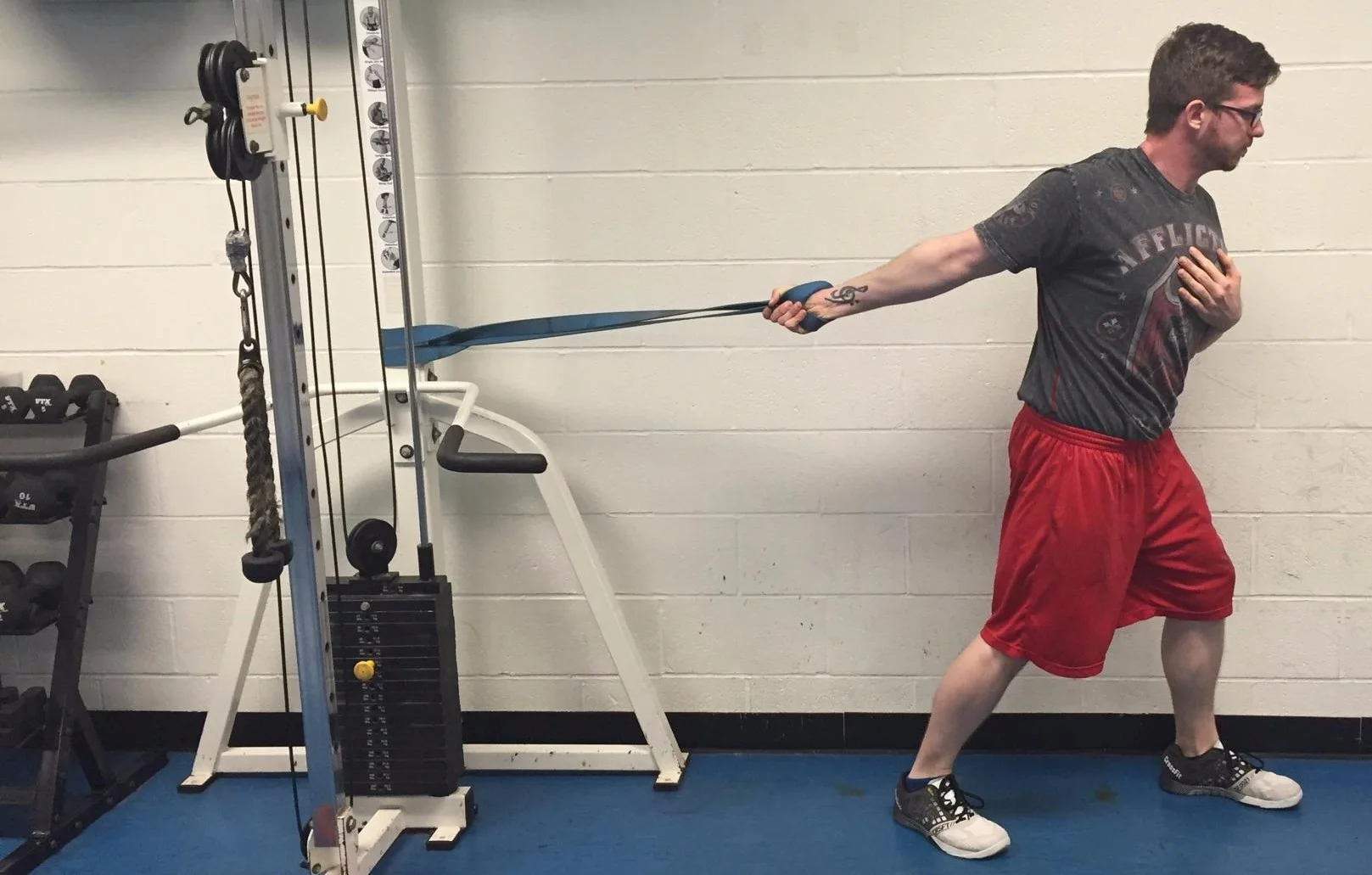 Banded Lateral Opener - 5 minutes (2 1/5 minutes each arm) Feed your wrist into a band gripping it loosely. Externally rotating your shoulder (making your palm face upward), open your shoulder and face away from the post. Keeping your core engaged in an staggered stance, relax your shoulder and chest and let the band pull your shoulder back.