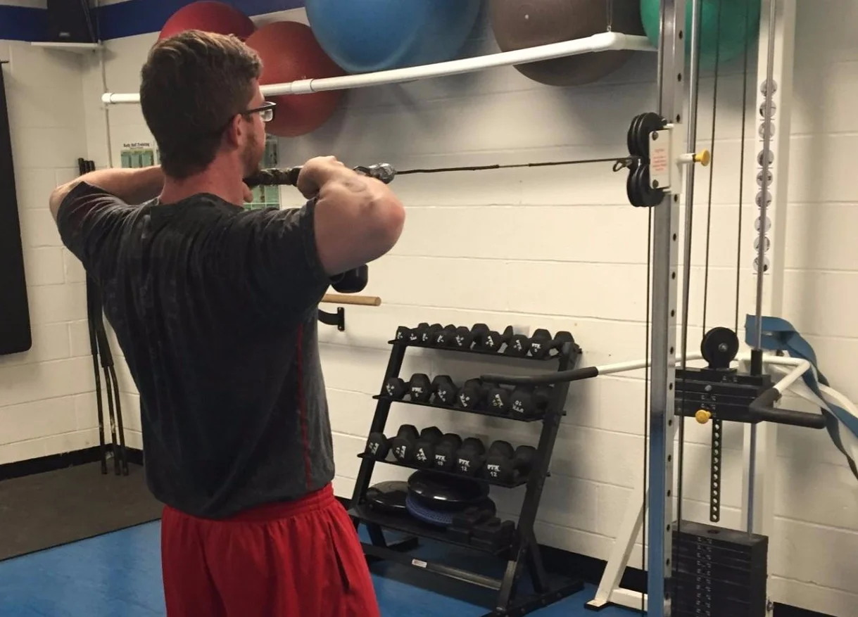 Face Pulls - 3 sets/12 reps Grip the rope attachment with your palms facing down using the cable crossover machine. Squeezing your upper back together, pull the rope to your face and slowly relax your arms to straighten them and repeat.