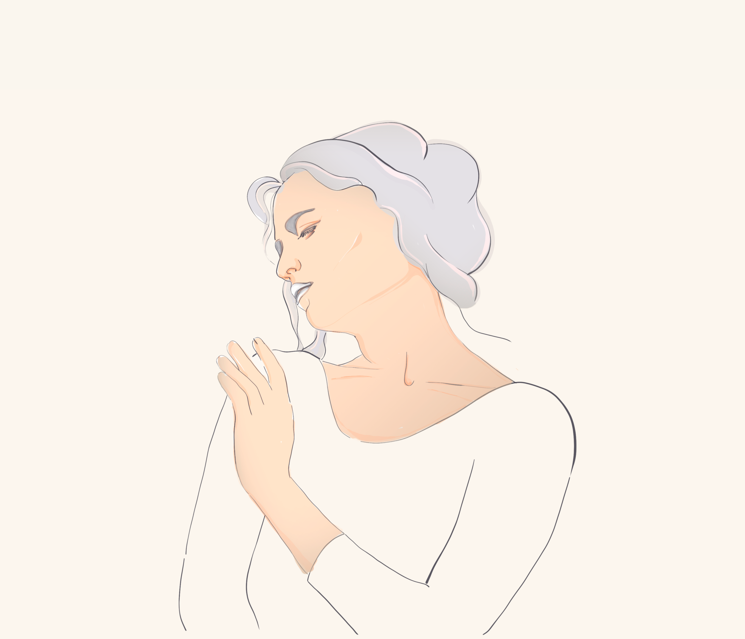 A digital illustration of a woman with silver hair gently closed eyes, holding her hands near her face, against a plain light background.