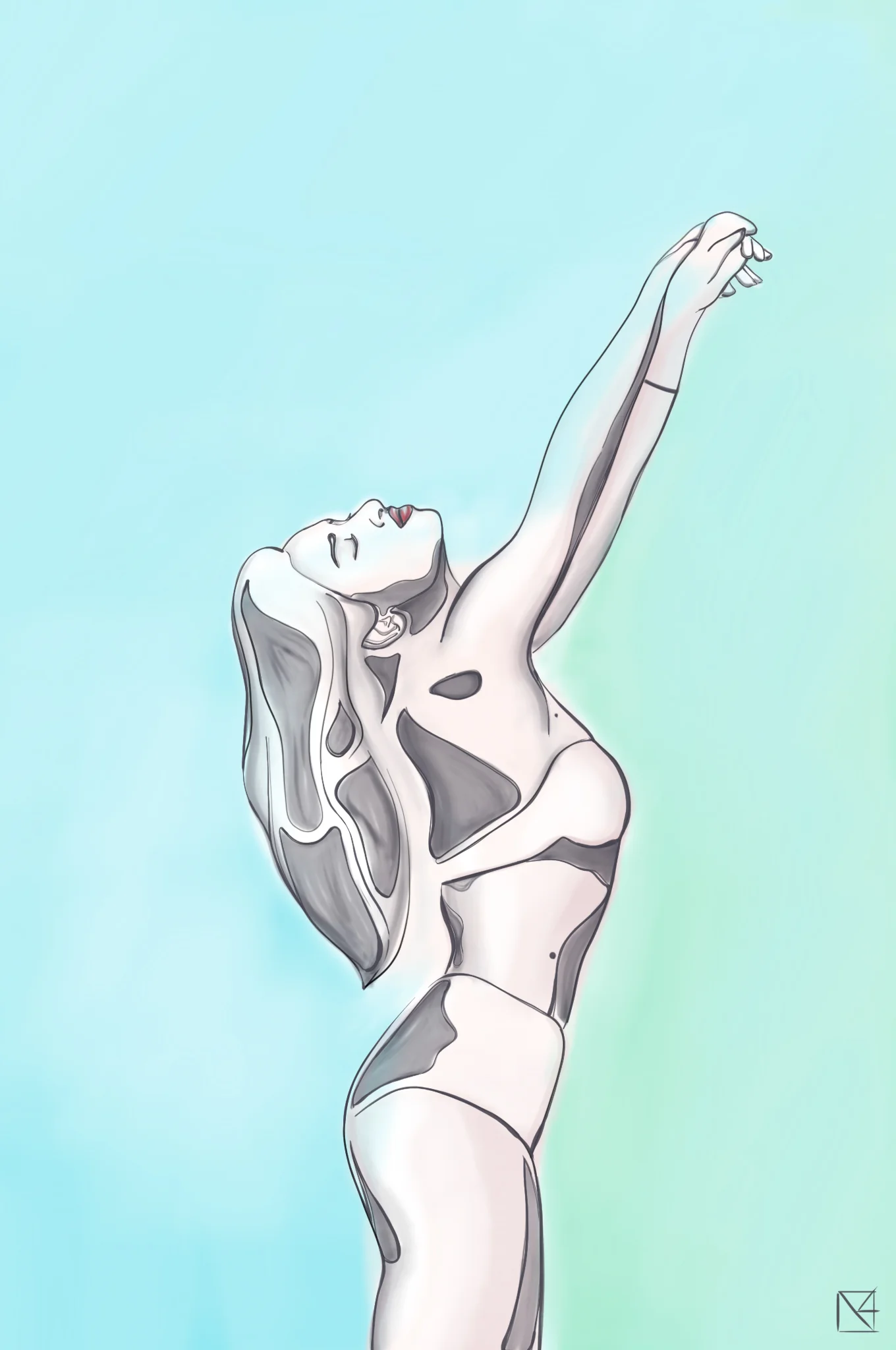 A stylized digital drawing of a woman with closed eyes, long hair, and a peaceful expression, reaching upwards with one arm against a gradient blue-green background.
