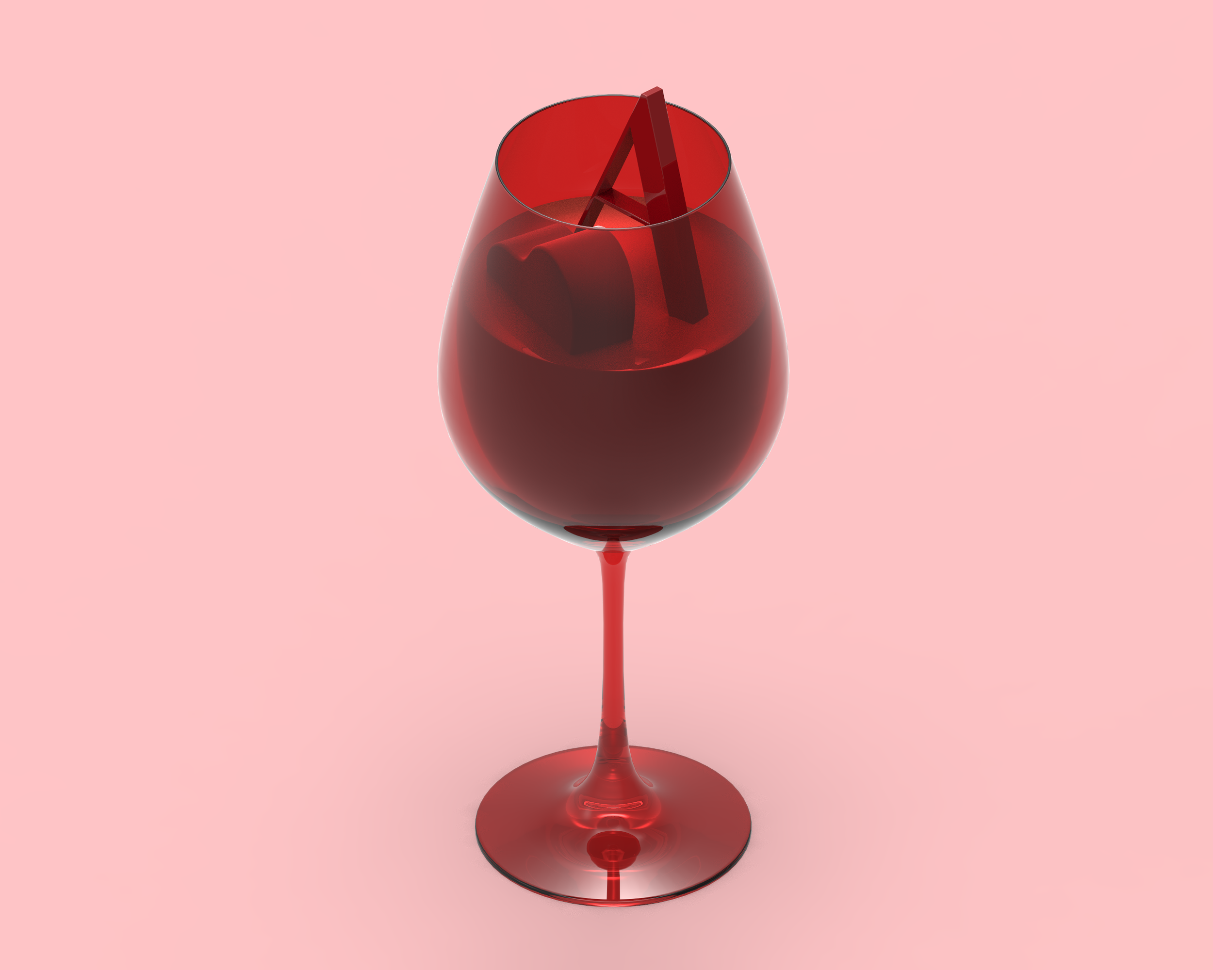 A glass of red wine with a red letter A inside the glass, against a pink background.