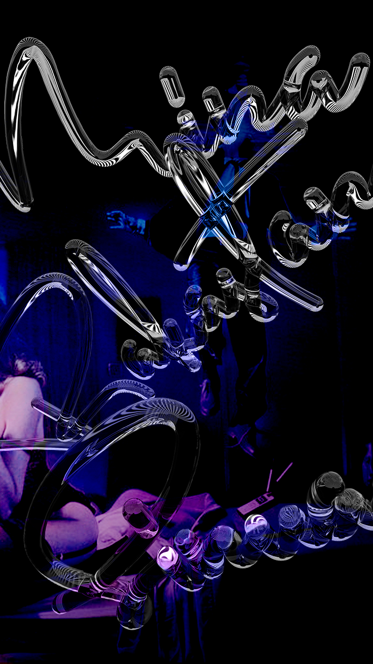 Neon sign with stylized text in a dark setting, glowing in shades of white, blue, and purple, with people visible in the background.