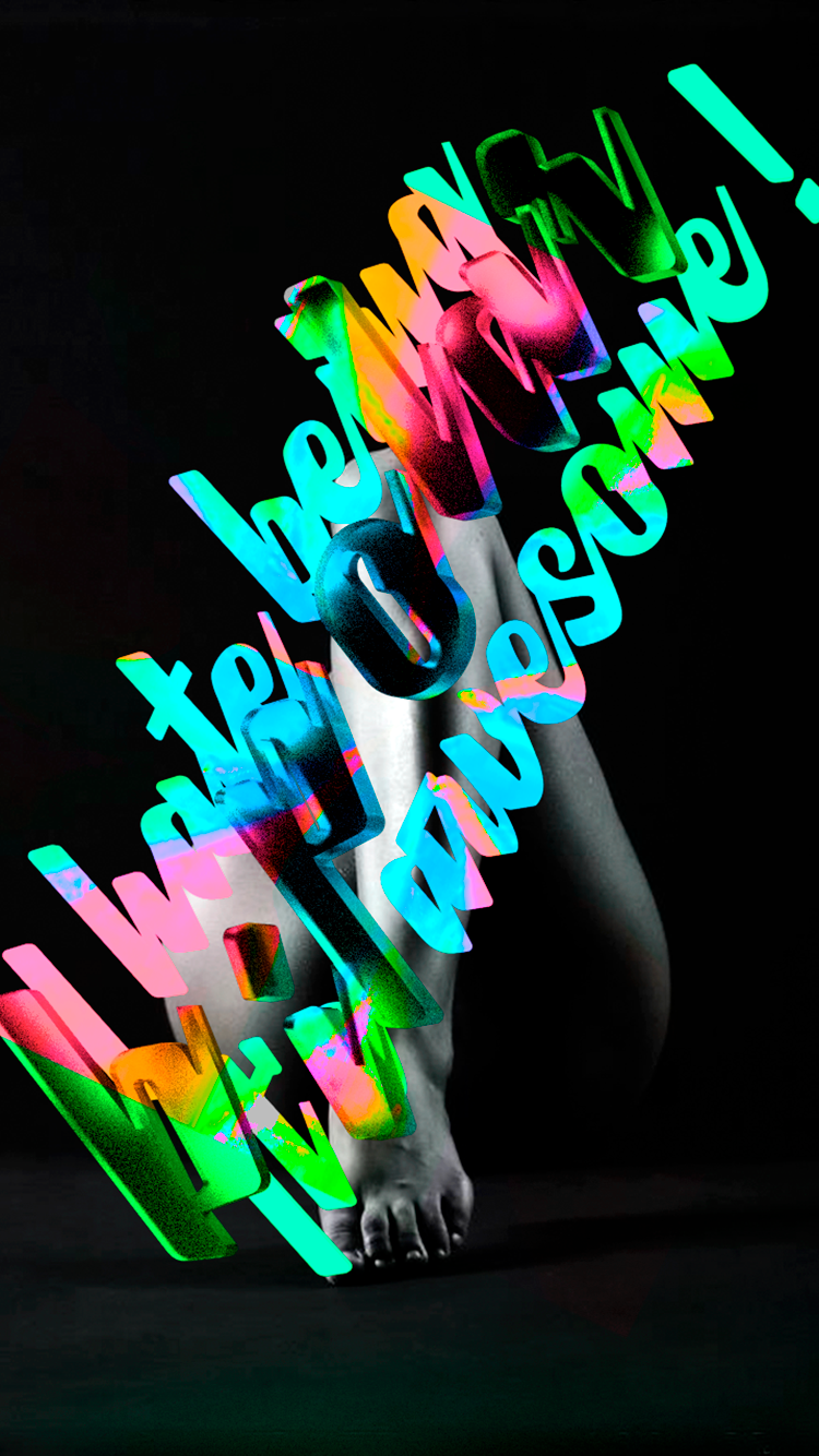 Colorful, distorted 3D text with the phrase "I hate being bipolar, its awesome!" over a black and white image of a person's legs and feet on a dark surface.