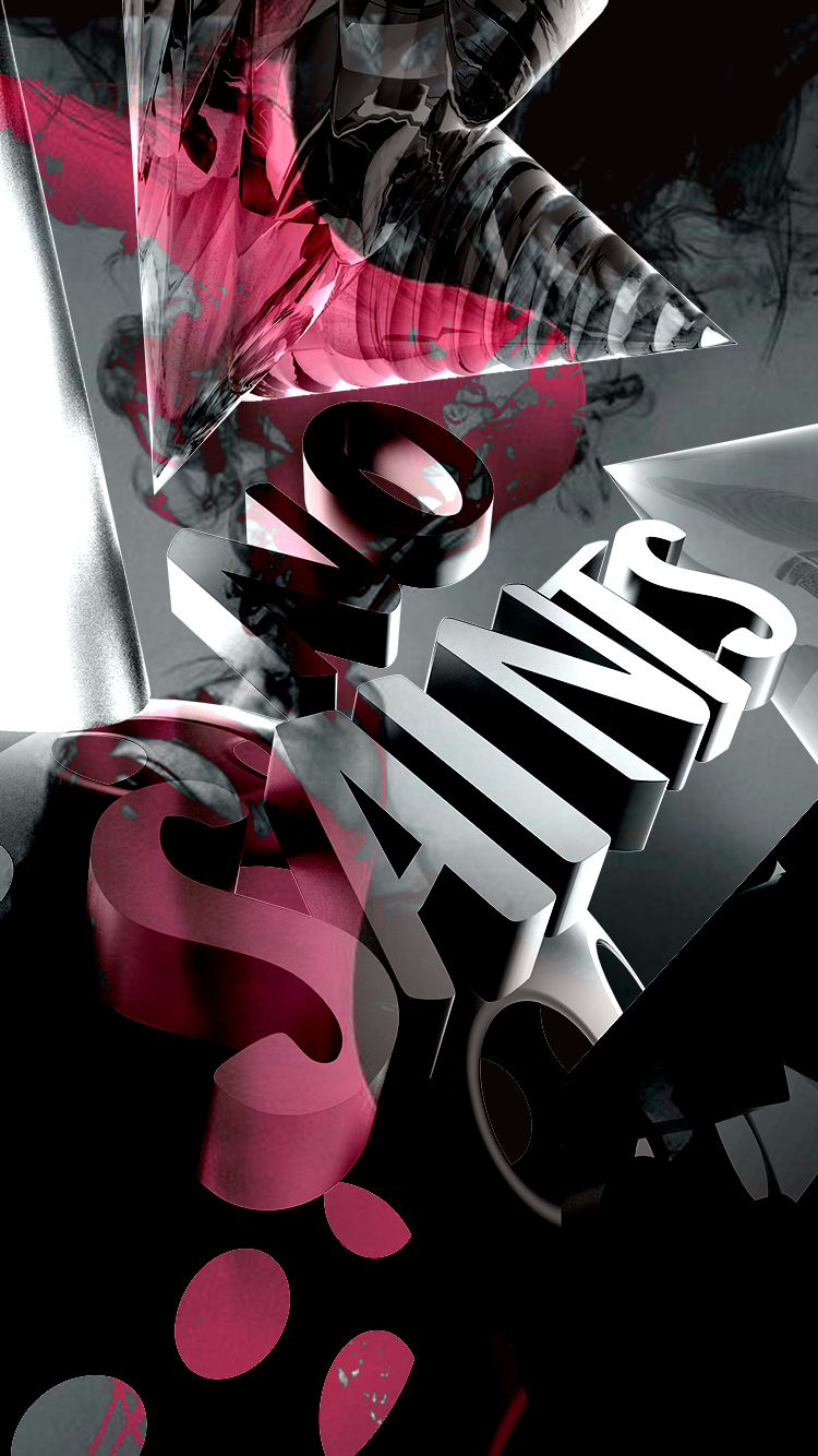 3D metallic letters spelling 'No Saints' with pink ink splashes and black smoke on a dark background.