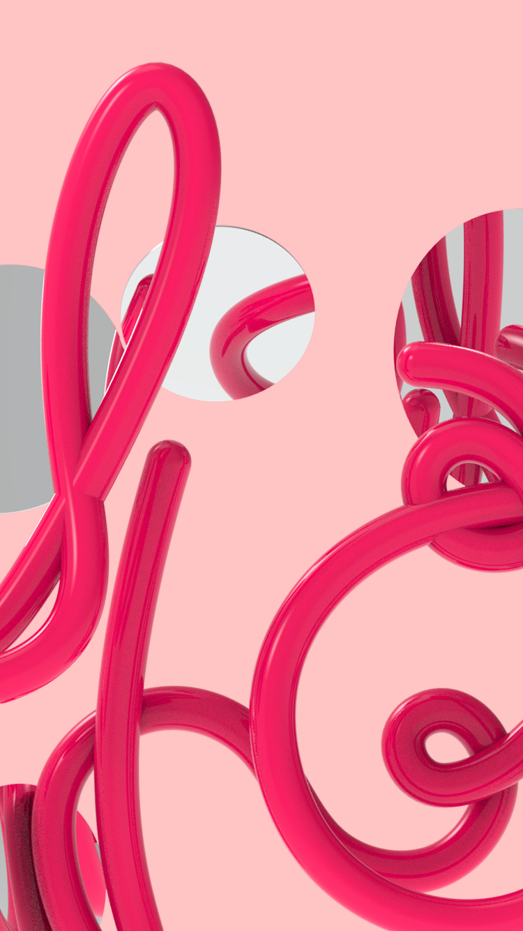 Abstract digital artwork featuring intertwined shiny pink tubes against a pink background with white and gray circular accents.