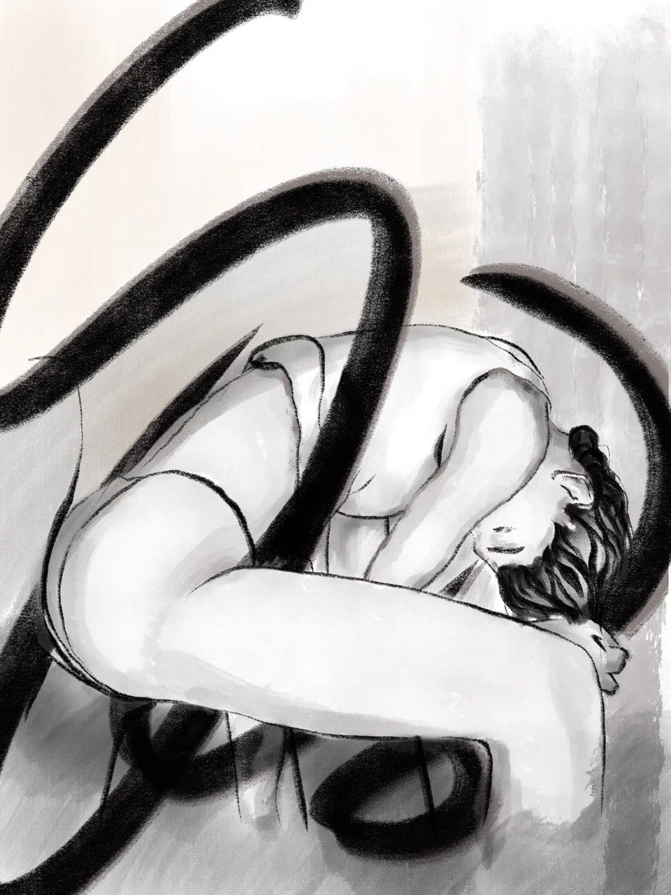 Black and white illustration of a woman curled up on the floor, with her head resting on her knee and her hair braided.