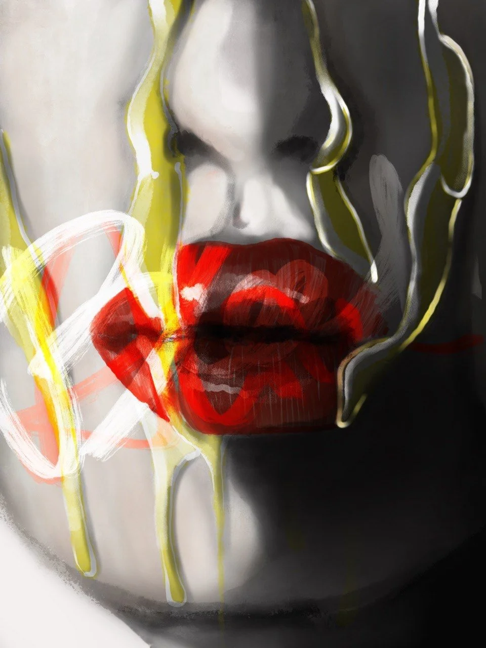 A stylized, artistic close-up of a person's face focusing on the lips, which are painted bright red. The face features a monochrome color palette with some abstract yellow and white paint streaks.