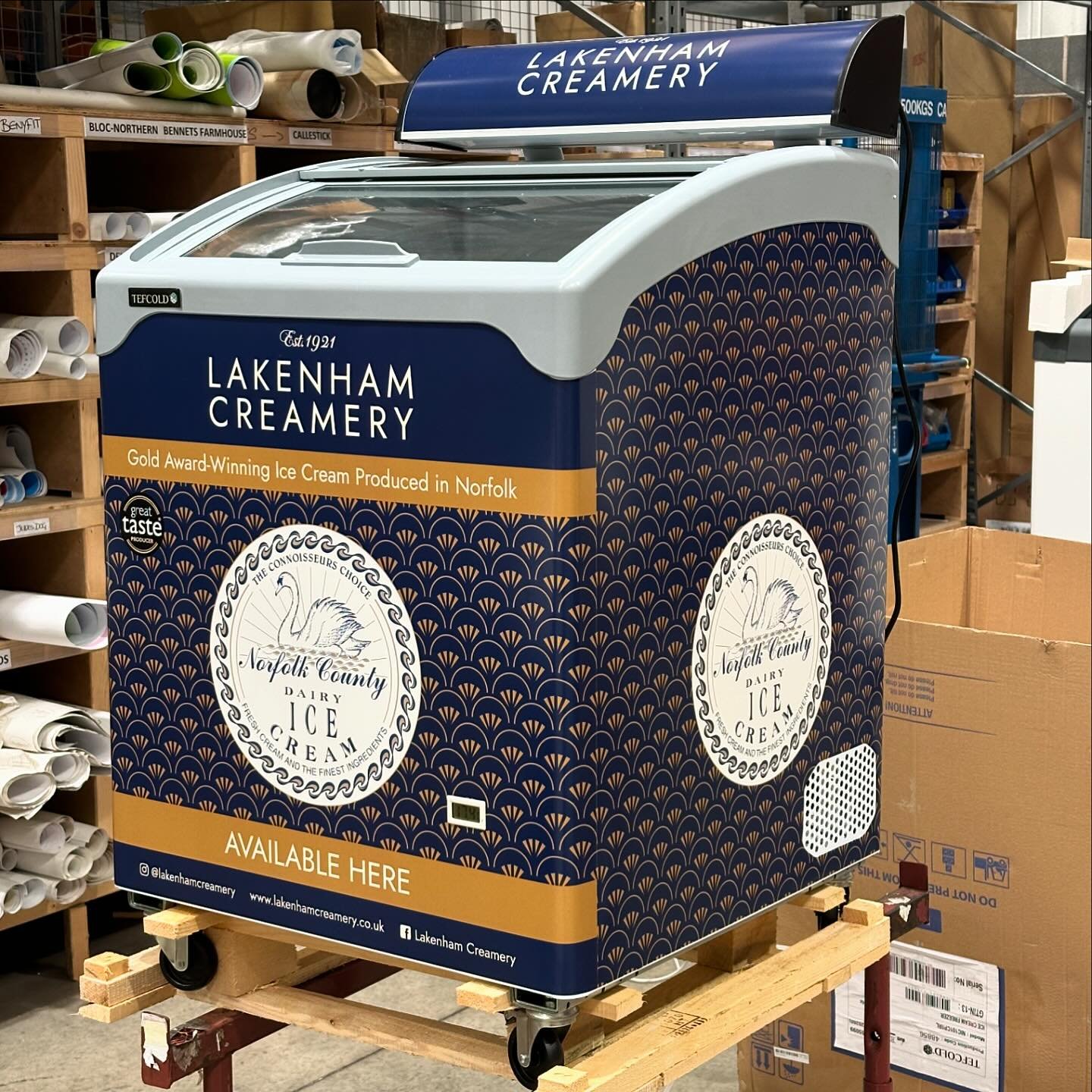 Our new freezers have arrived from @tefcold - wrapped in our unique, Norfolk County print with our swan logo! A real eye catcher 🍦

Designed by: @paul_kirk_design 

#lakenhamcreamery #norfolkcountyicecream #supportlocal #icecreamshop #icecream #norf