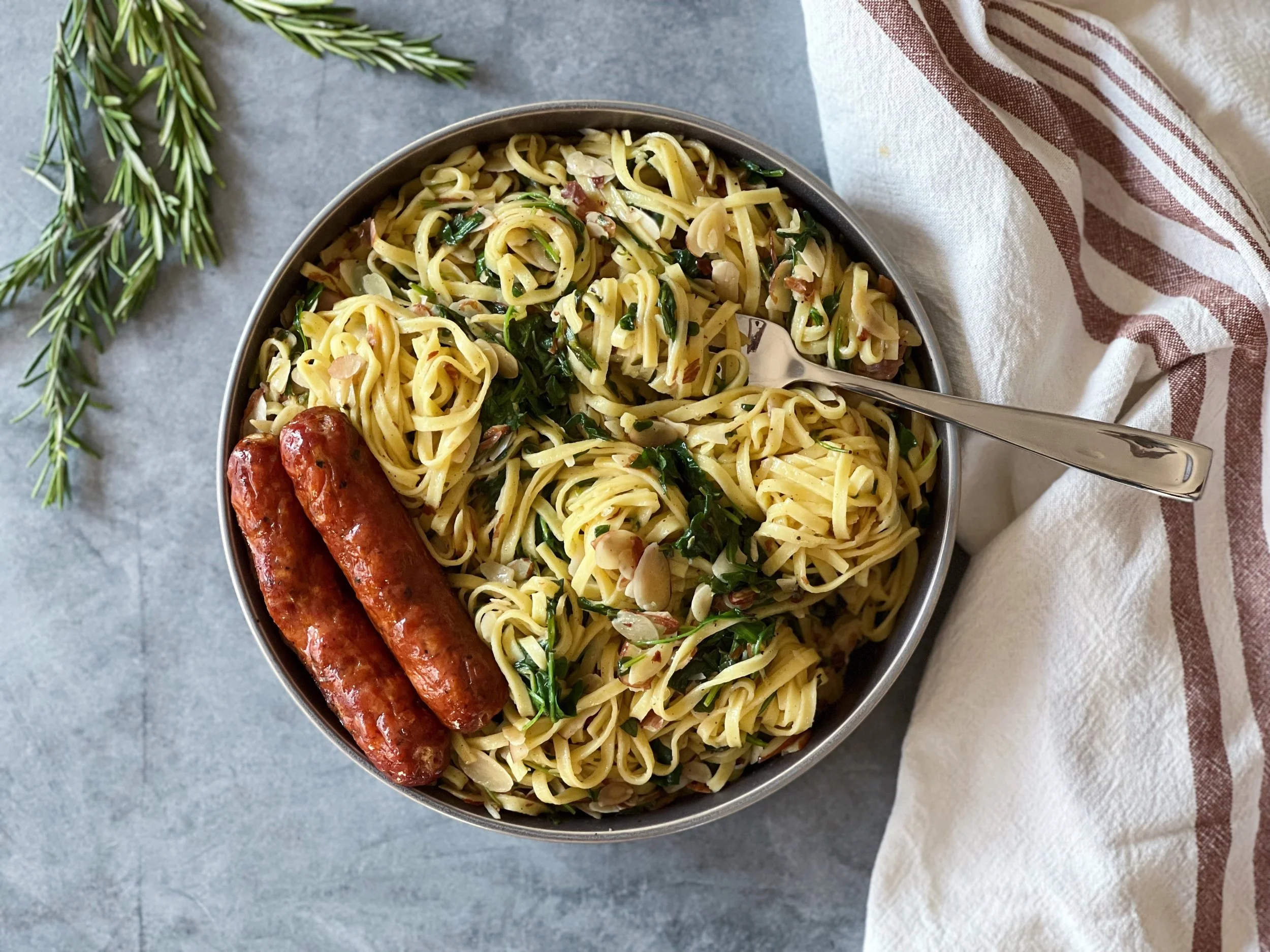 Buttery Lemon Pasta with Almonds, Arugula, & Andouille — Milford Kitchen