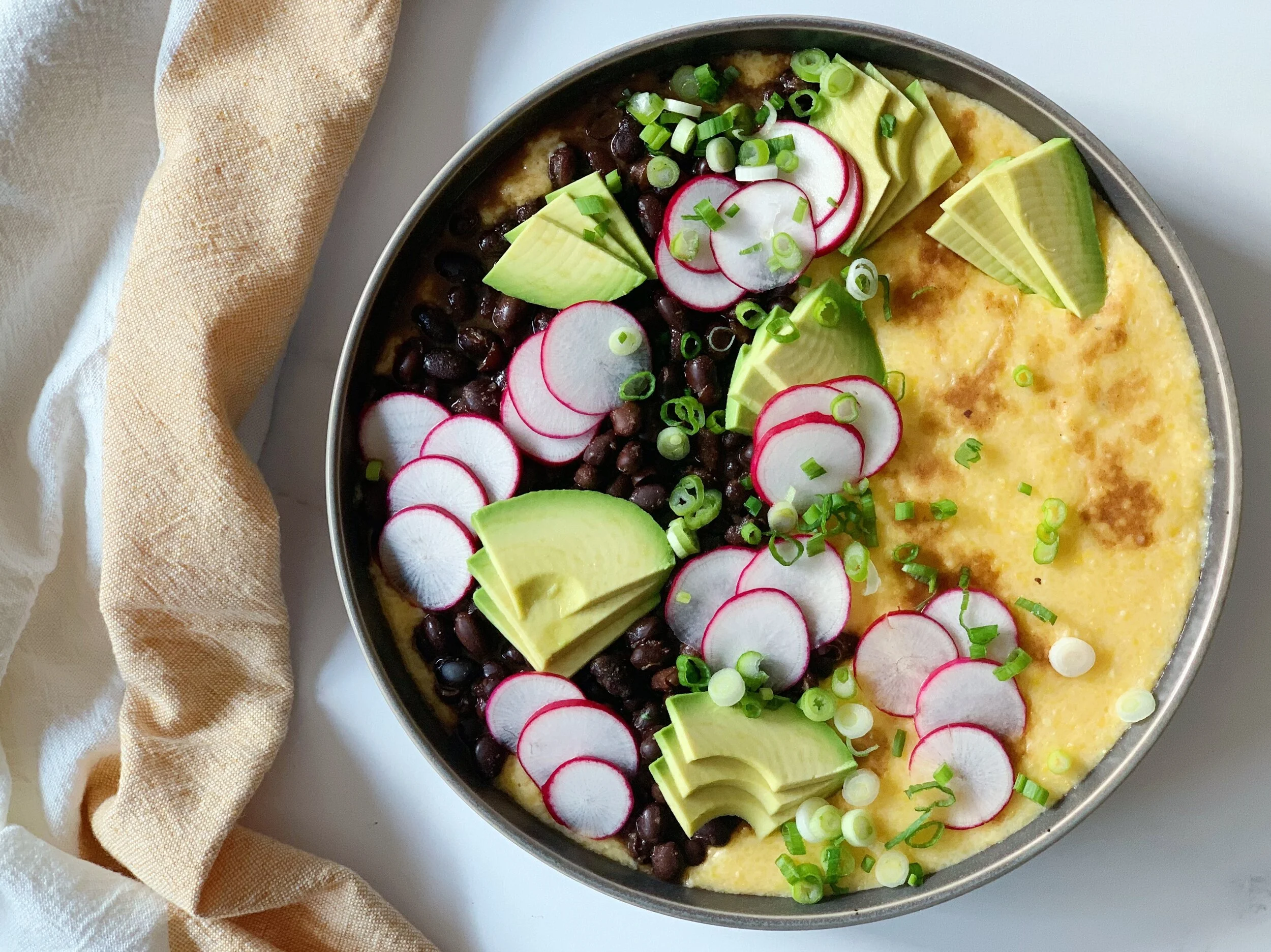 Cheesy Grits with Spicy Black Beans, Avocado, and Radish — Milford Kitchen