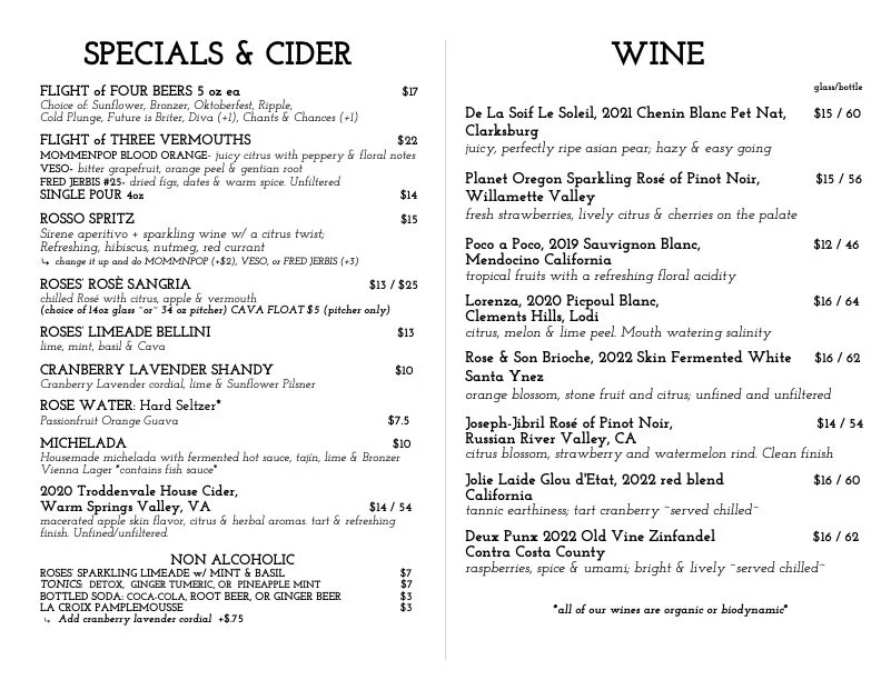 Menu — ROSES' TAPROOM