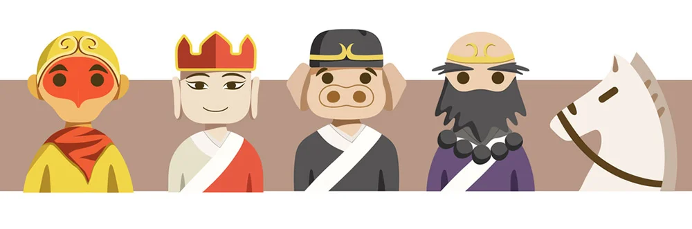 Left to right: Monkey King, Tang Seng, Pigsy, Sandy, White Horse