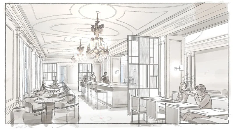 A sketch is used to quickly establish the view angle, lighting, entourage and mood for the digital rendering.