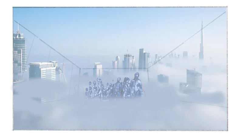 Actual fog is used to bring magic to the idea of arriving 90 stories up "above the clouds."