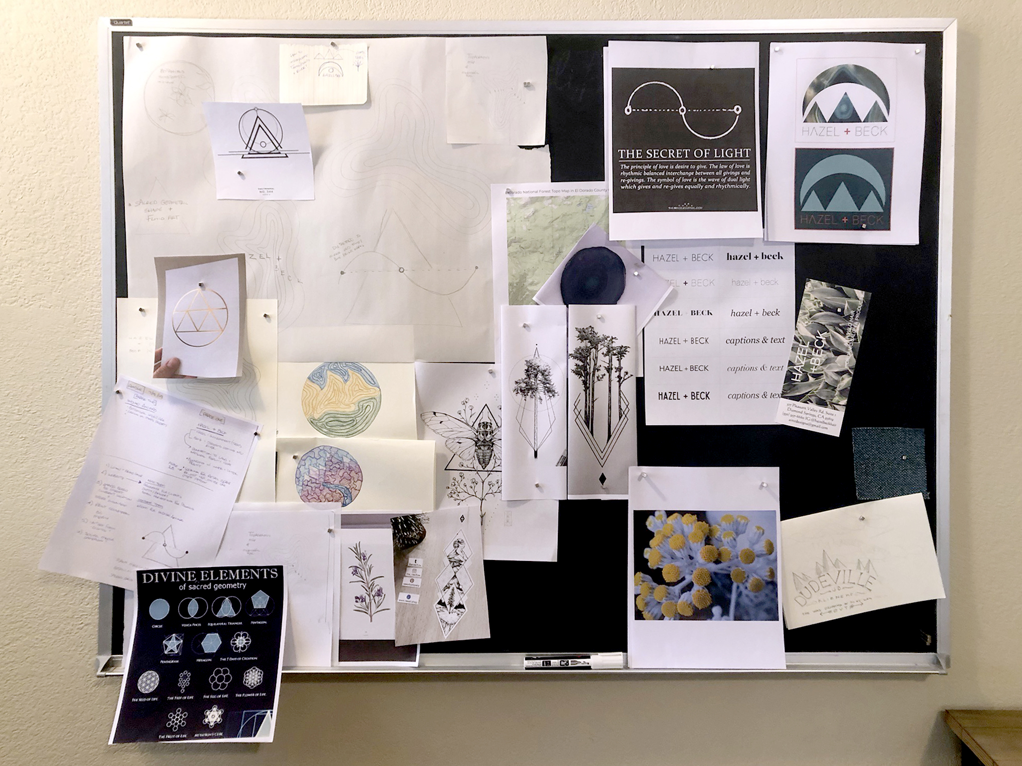 Photograph of our in studio pinboard when we were working on the logo designs for Hazel + Beck. Thank you to the users of Pinterest for the beautiful inspiration and for sharing their art with the world.