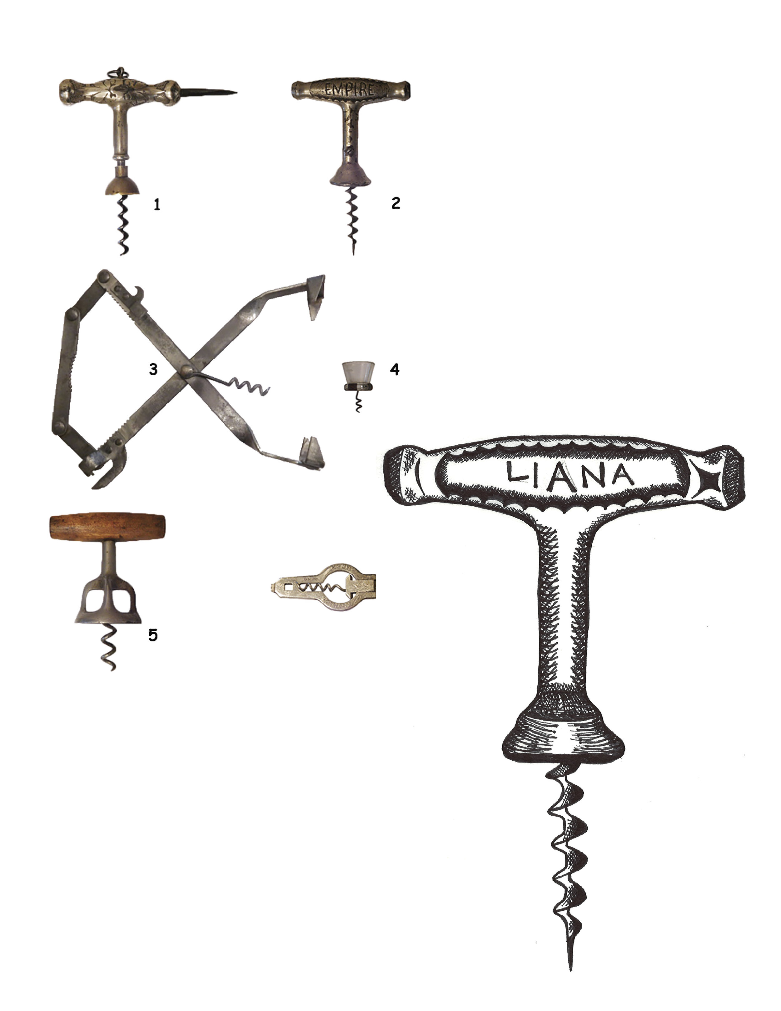 Inspiration pieces and Sketch Vintage / antique corkscrews as inspiration pieces pictured next to the sketch done based on the second piece in the photo. This sketch was stylized in a line drawing manner for ease of vectorizing as well to keep in line with the vintage / antique feel that the client was looking to pull in.