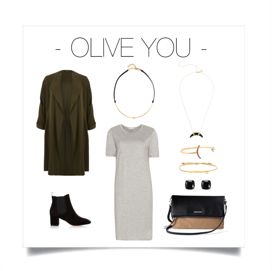 Shift into a darker shade of olive and don't be shy to mix it with grey. Combine olive with gold and black accents to complete your look. Stella & Dot: Necklaces - Mia Collar & Arc Pendant Necklace , Bracelets - Celestial Cuff & Wishing Bracelet Protective Eye , Earrings - Luxe Stud Pack , Bag - Waverly Petite , Jacket - River Island, T-shirt Dress - Acne, Boots - Express