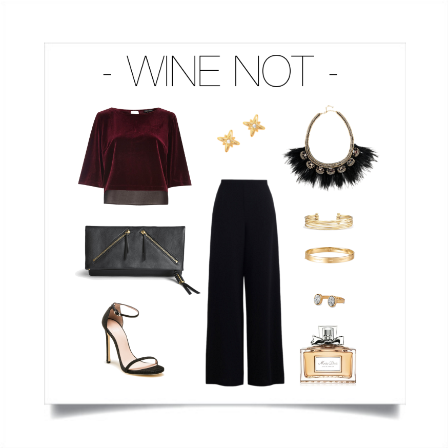 Red continues to be a highly influential fashion color in the form of this vibrant shade of wine. Incorporate black and gold tones for the perfect pairing. Stella & Dot: Necklace - Harper Feather, Earrings - Moon & Stars Stud Pack , Clutch - The Covet Waverly , Bracelets - Quinn Cuff & Inspiration Bangle , Ring - Relic , Top - River Island, Trousers - Zimmerman, Shoes - Stuart Weitzman