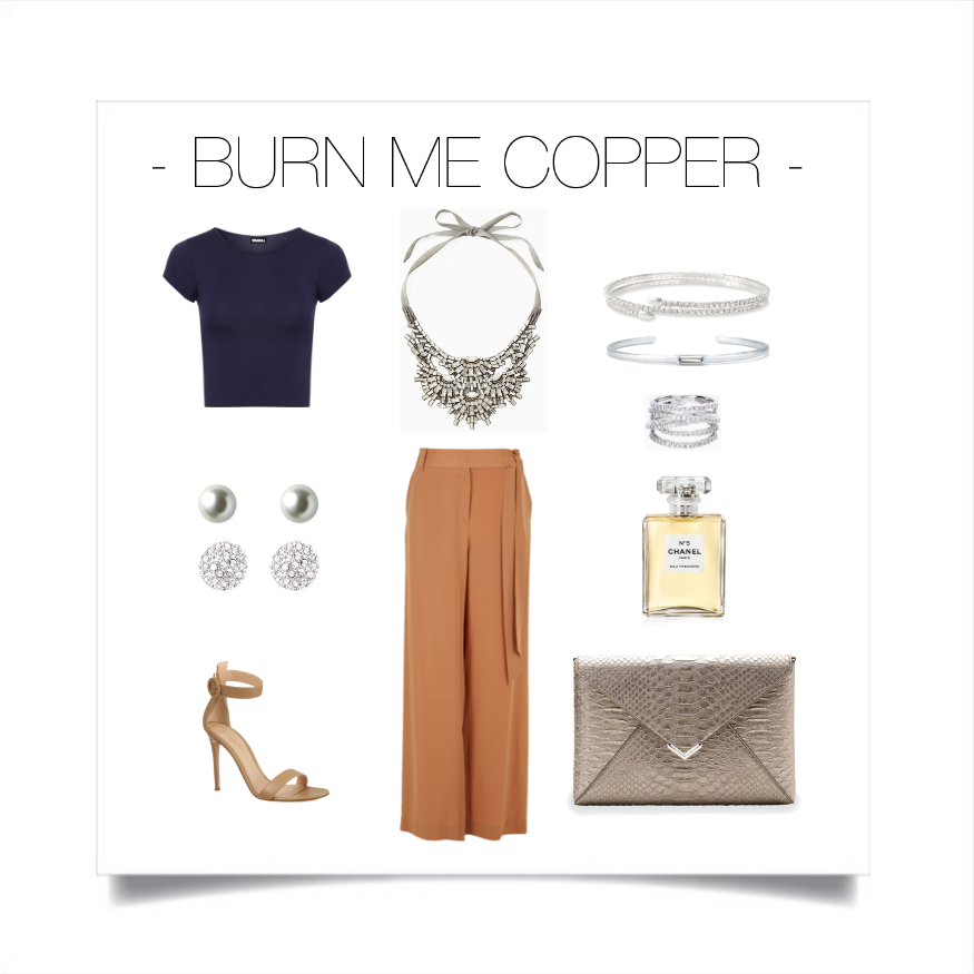 Copper tones are our favorite shade of brown. Pewter & silver accents convert this color trend into the deep rich look you're looking for. Stella & Dot: Necklace - Gala Statement Necklace , Earrings - Luxe Stud Pack , Bracelets - Radiance Coil & Camille Cuff , Ring - Stellar Pave , Clutch - City Slim Pewter , Top - Wear All, Pants - Tibi, Shoes - Gianvito Rossi 