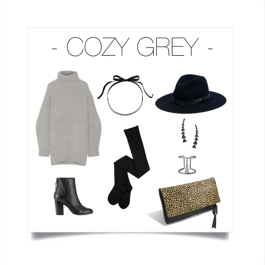 Grey will forever be a fall staple. Convert this cozy look into a chic one by mixing it with black & dark prints. Stella & Dot: Necklace - Emme Necklace , Earrings - Pave Triangle Ear Climber , Ring - Seine Ring , Clutch - The Covet Crosby , Sweater - Acne, Shoes & Hat - Rag & Bone