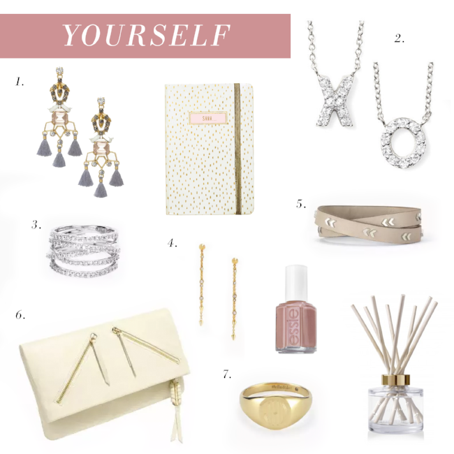 You work hard and deserve to be spoiled too! Now's the perfect time to buy yourself the luxe accessories you'll love, like that leather bag or the diamond necklace you've been eyeing. 1. NILA CHANDELIERS 2. COVET PAVE INITIAL NECKLACE - WHITE GOLD 3. STELLAR PAVE RING 4. CELESTIAL DROP EARRINGS 5. CHEVRON LEATHER WRAP BRACELET 6. THE COVET WAVERLY IN STONE 7. ENGRAVABLE SIGNET RING